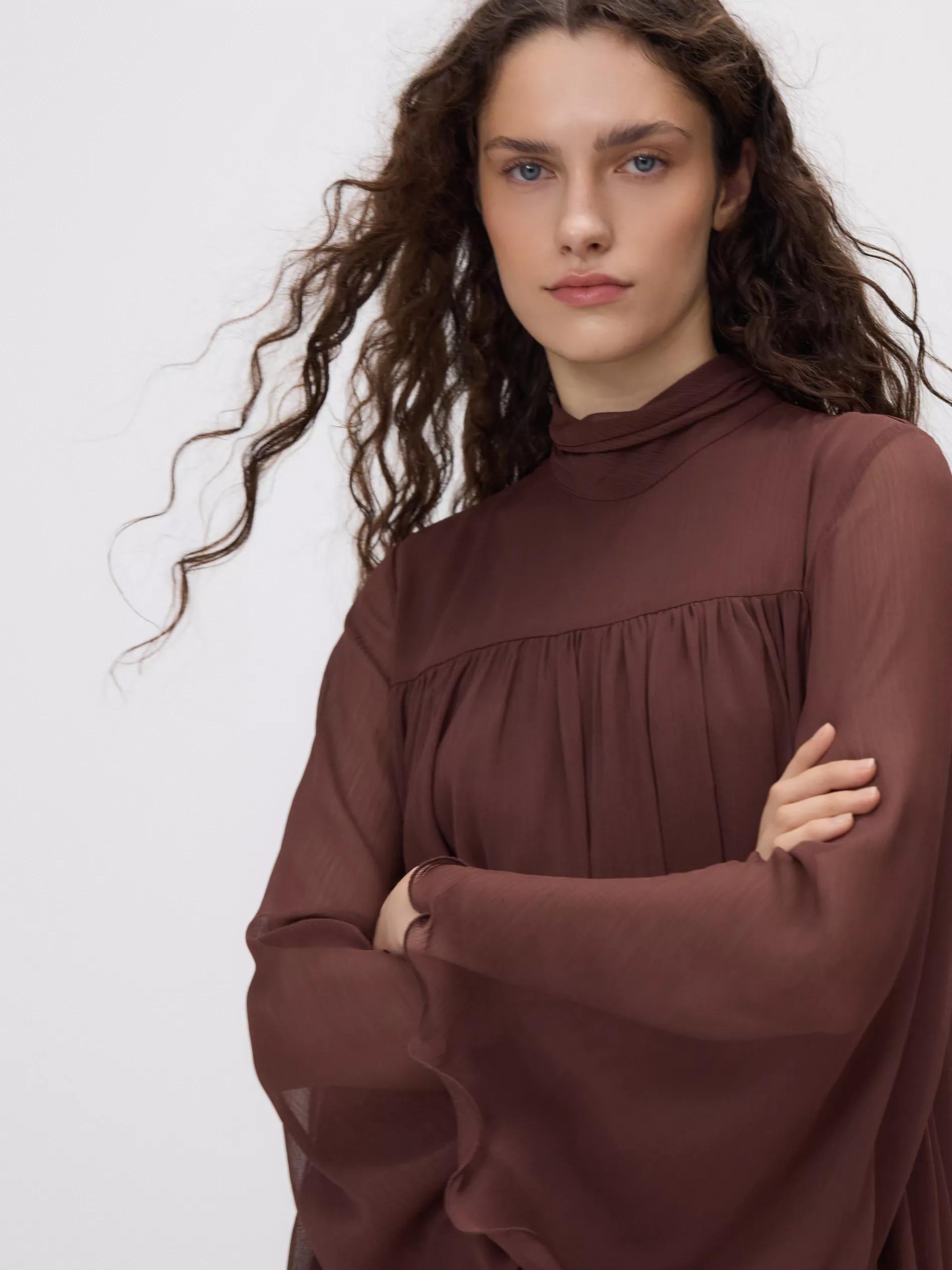 Brown Chiffon Mini Dress, Brown, large image number 3