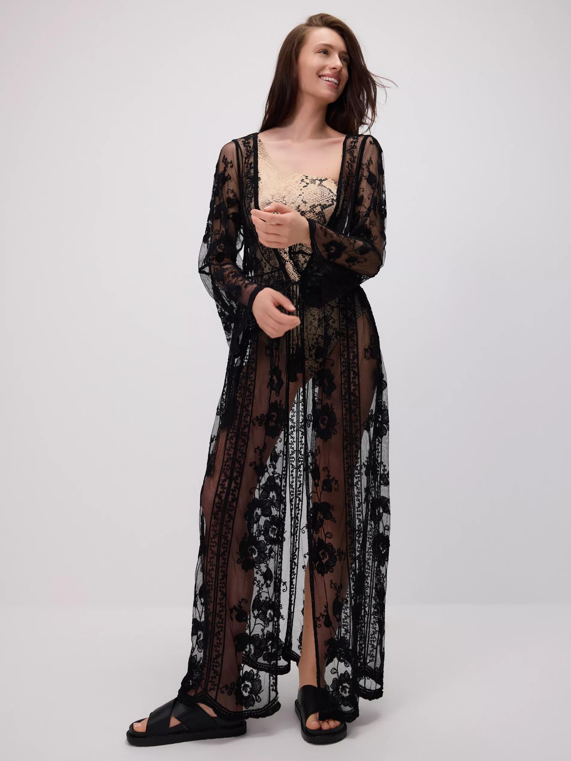 Black Long Beach Cover-Up, Black, medium