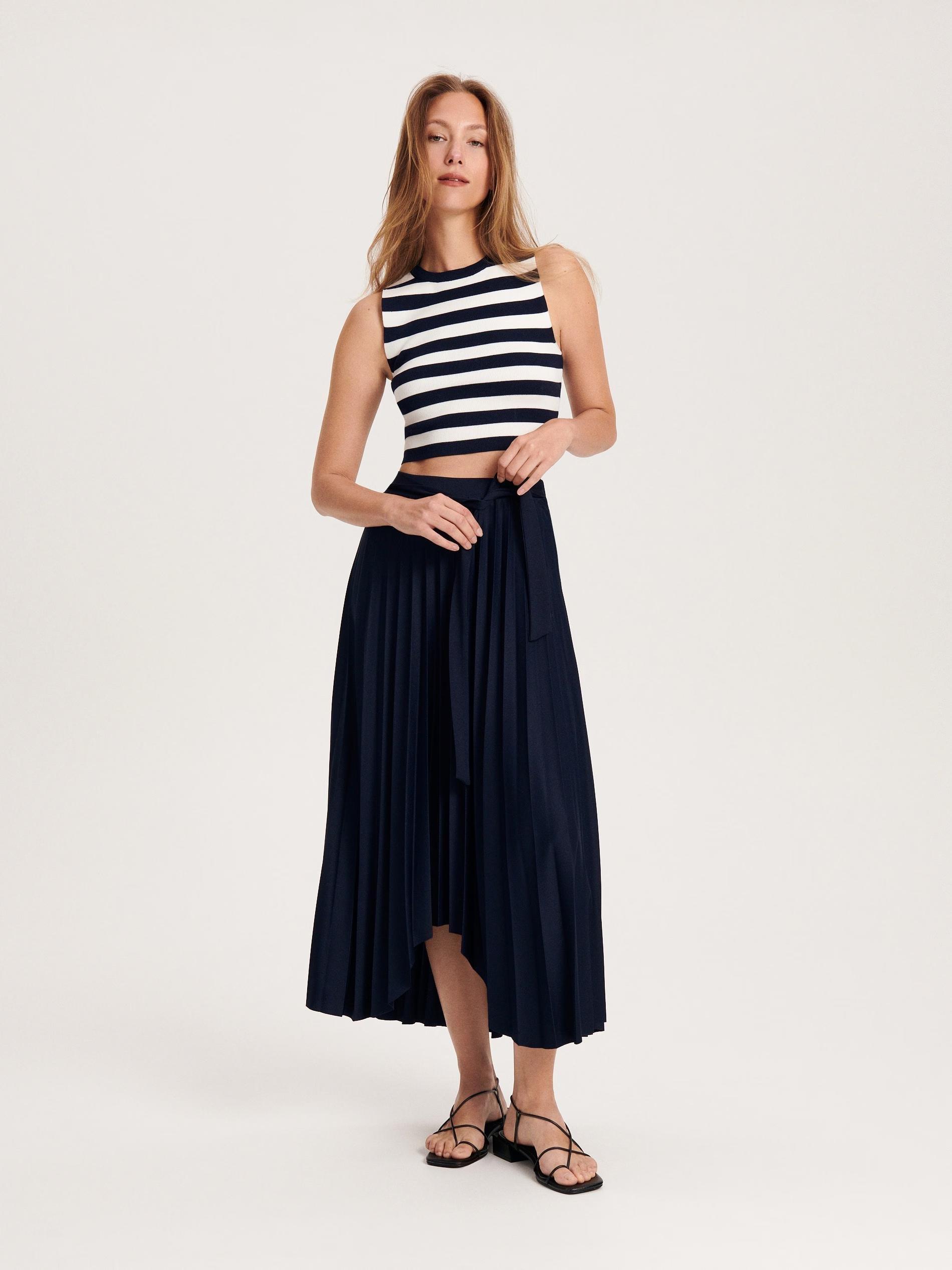 Navy Pleated Midi Skirt, , large image number 0