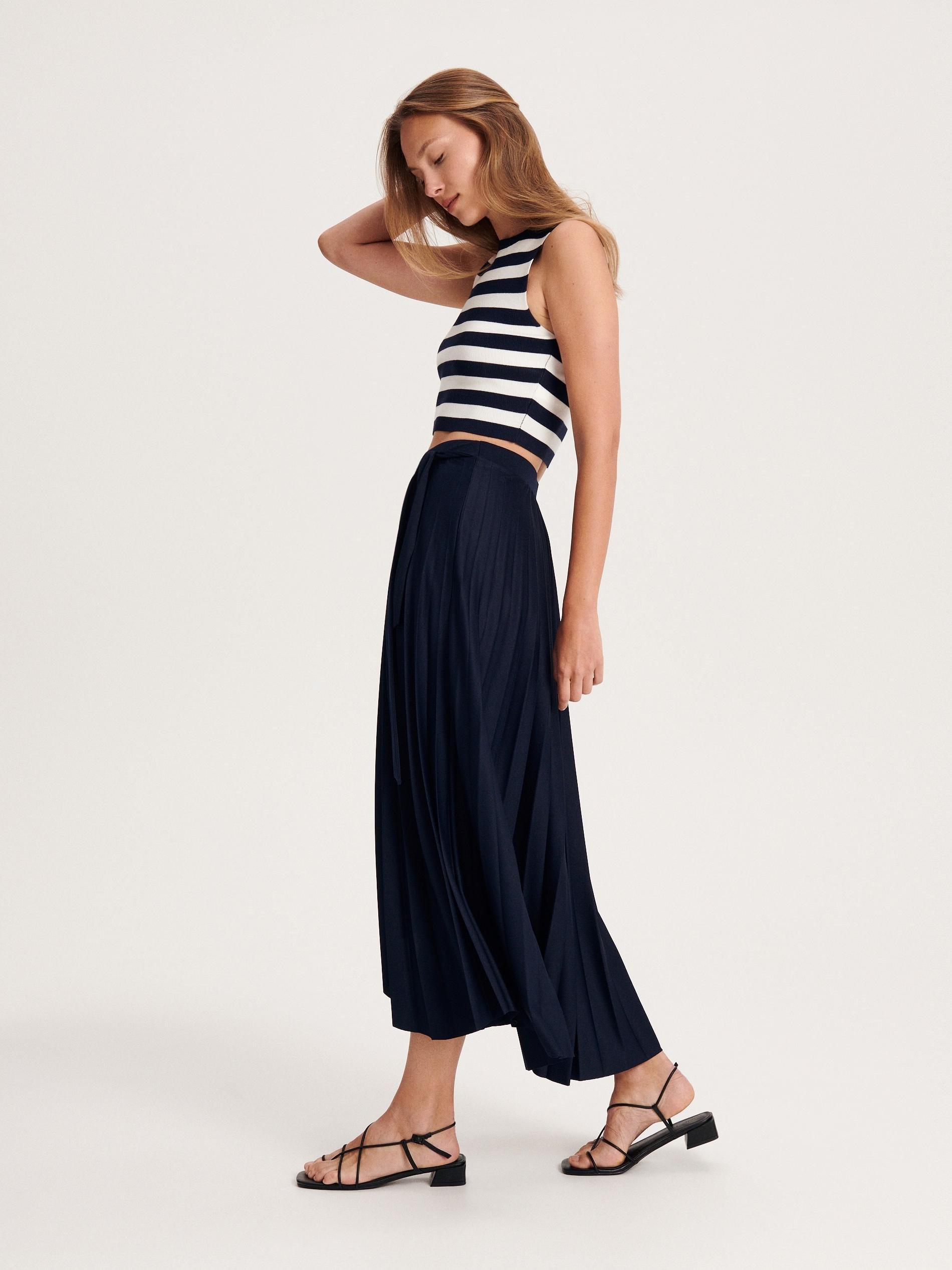 Navy Pleated Midi Skirt, , large image number 1