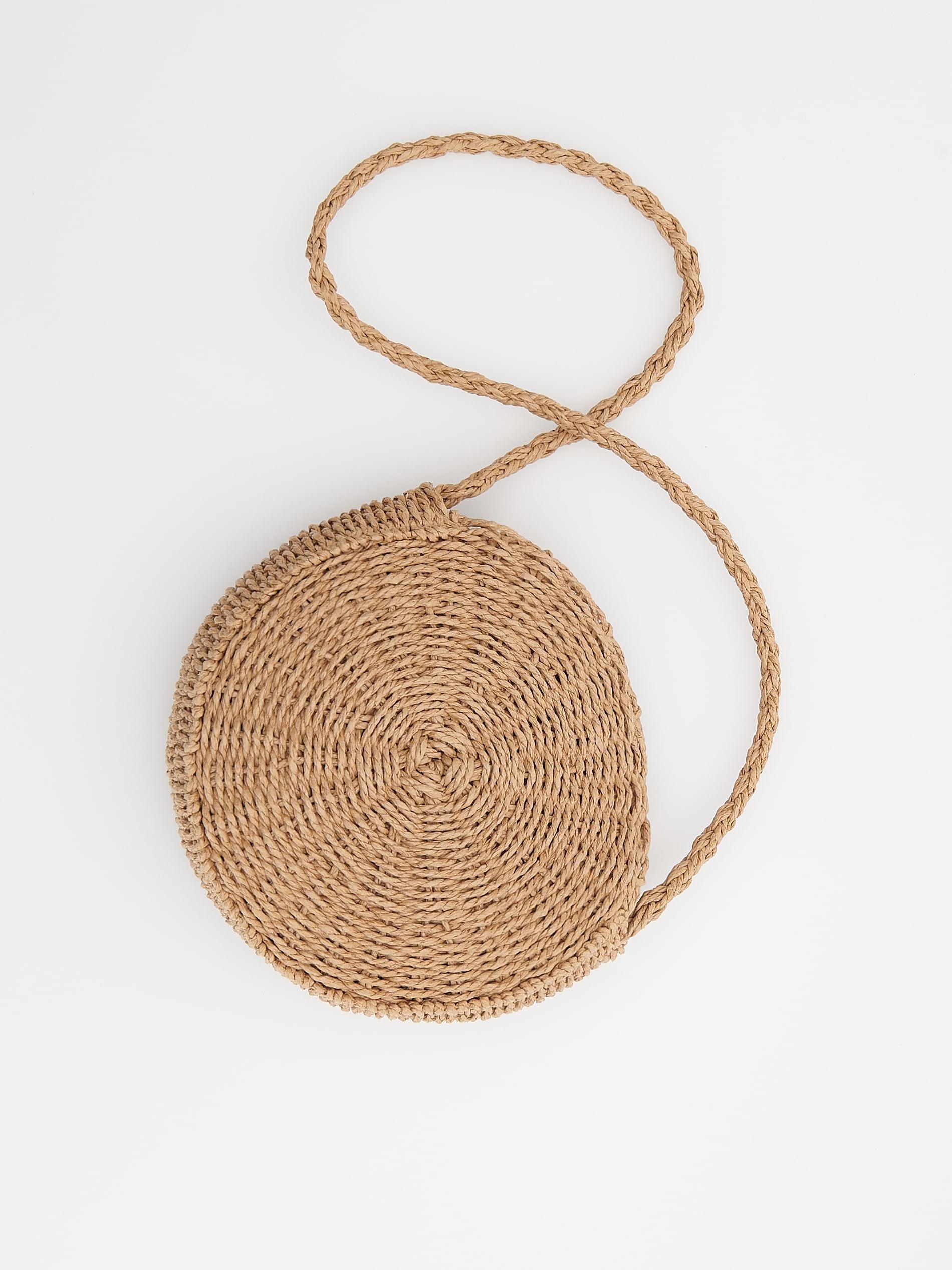 Beige Round Woven Straw Bag, Beige, large image number 4