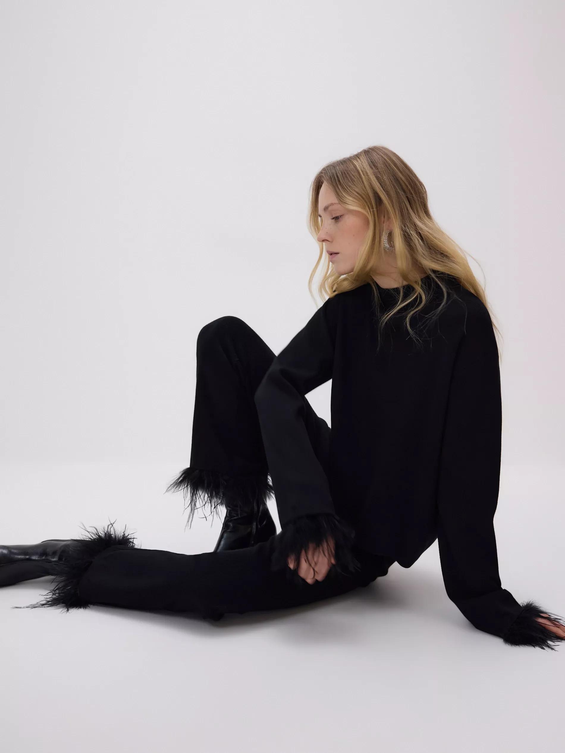 Black Trousers With Faux Feathers, Black, large image number 1