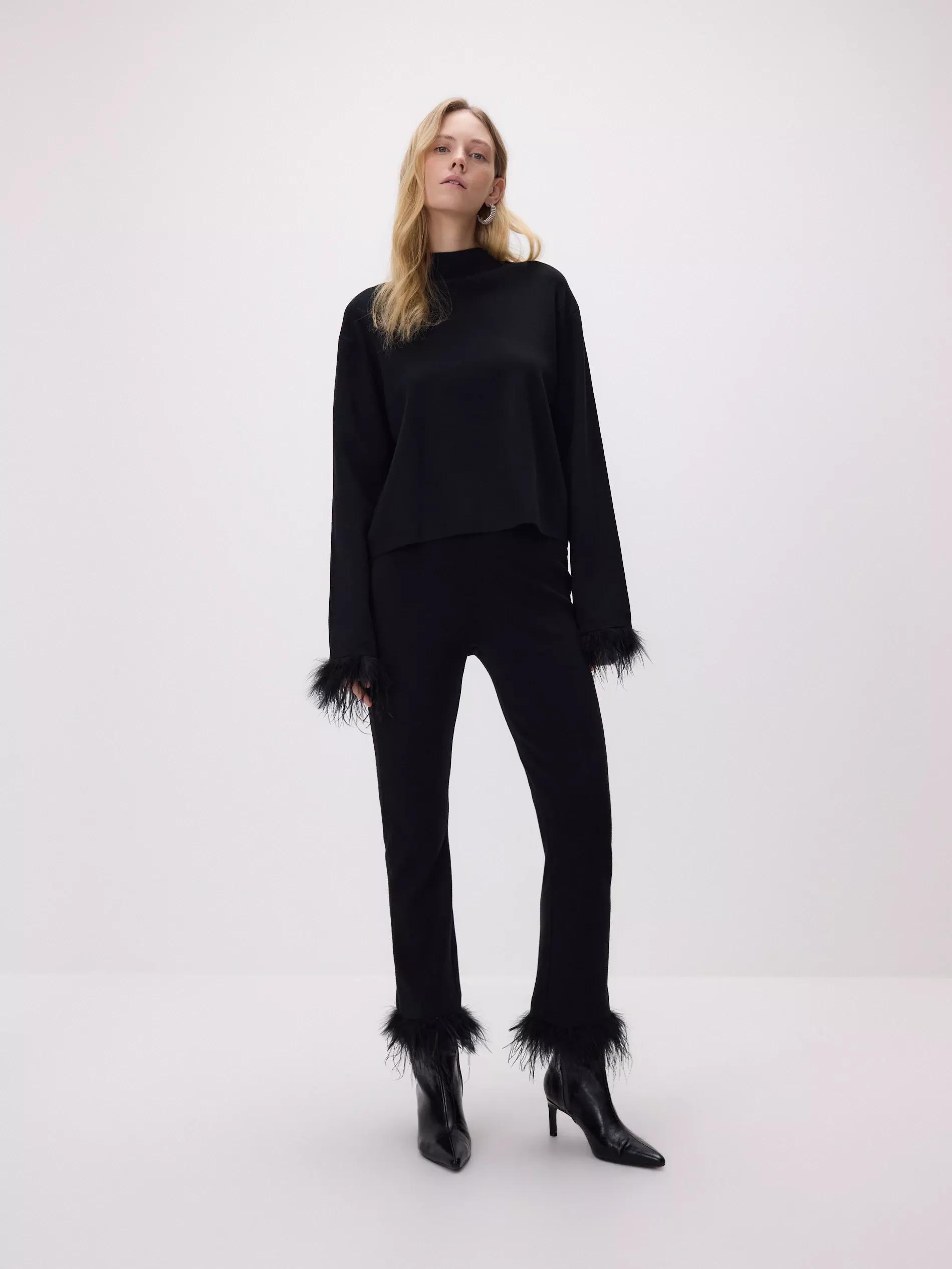 Black Trousers With Faux Feathers, Black, large image number 2