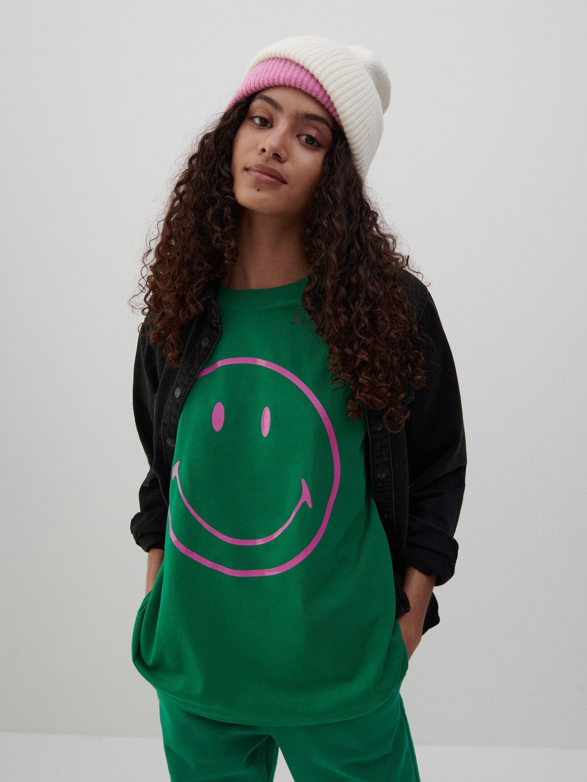 Green Cotton T-Shirt With Smiley Print, Women, , large image number 0