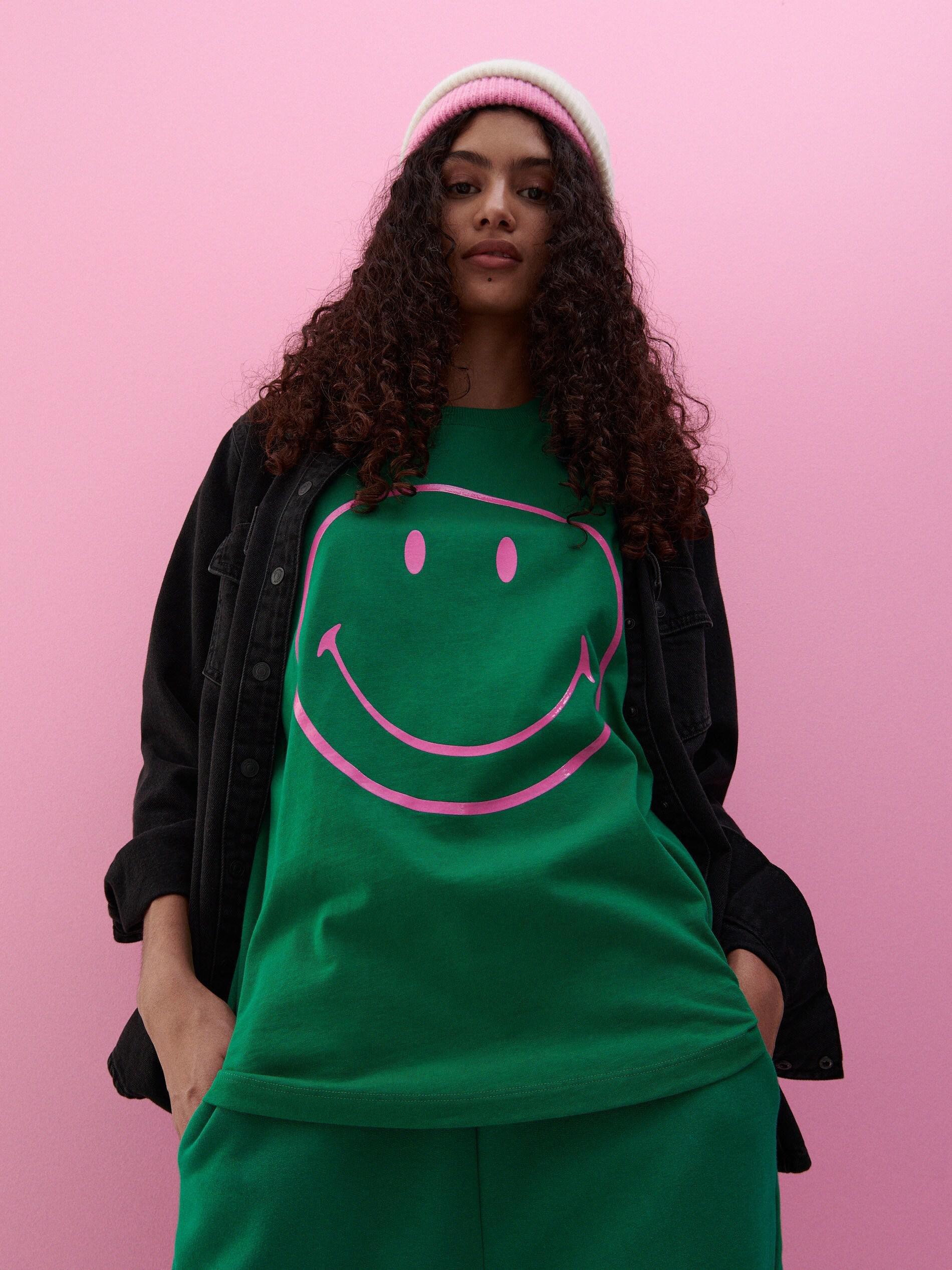 Reserved - Green Cotton T-Shirt With Smiley Print, Women