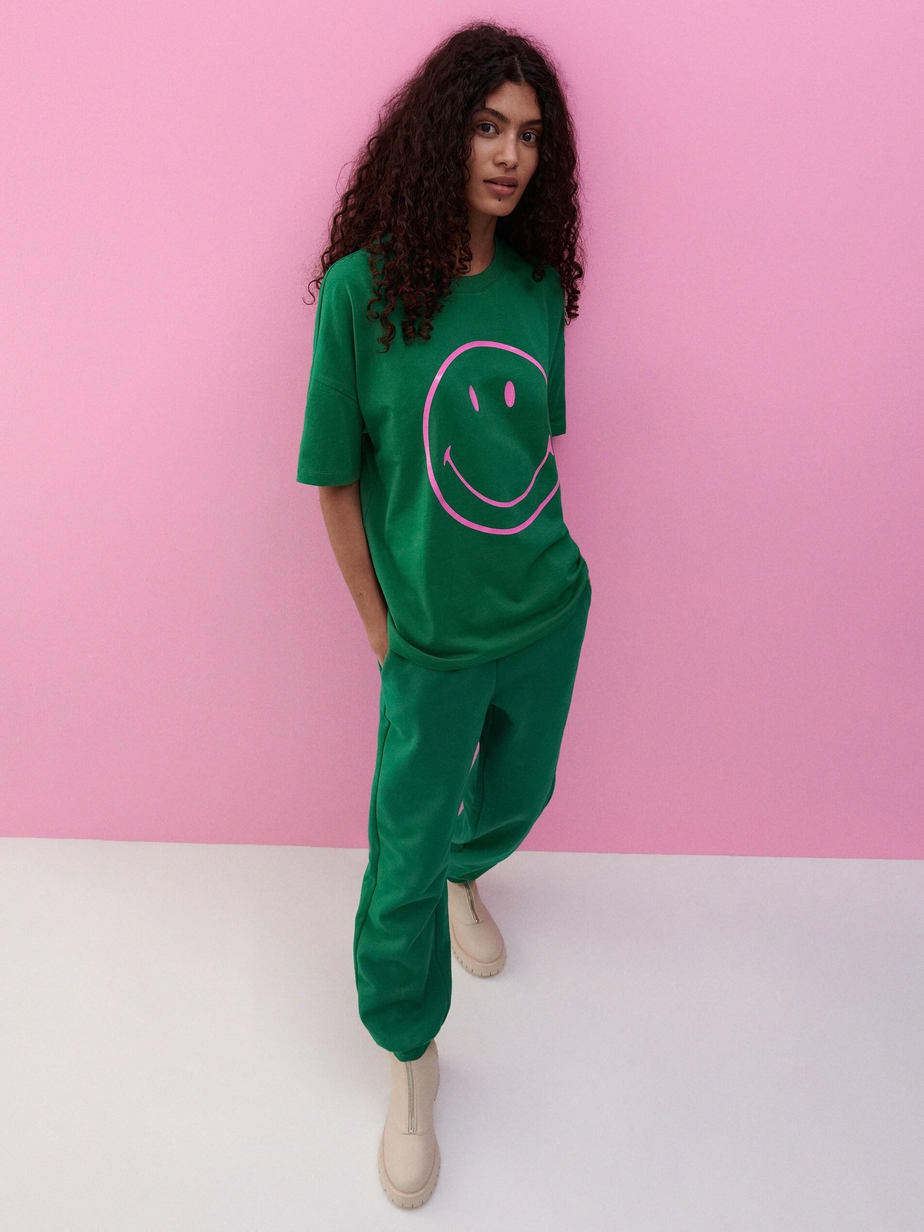 Reserved - Green Cotton T-Shirt With Smiley Print, Women