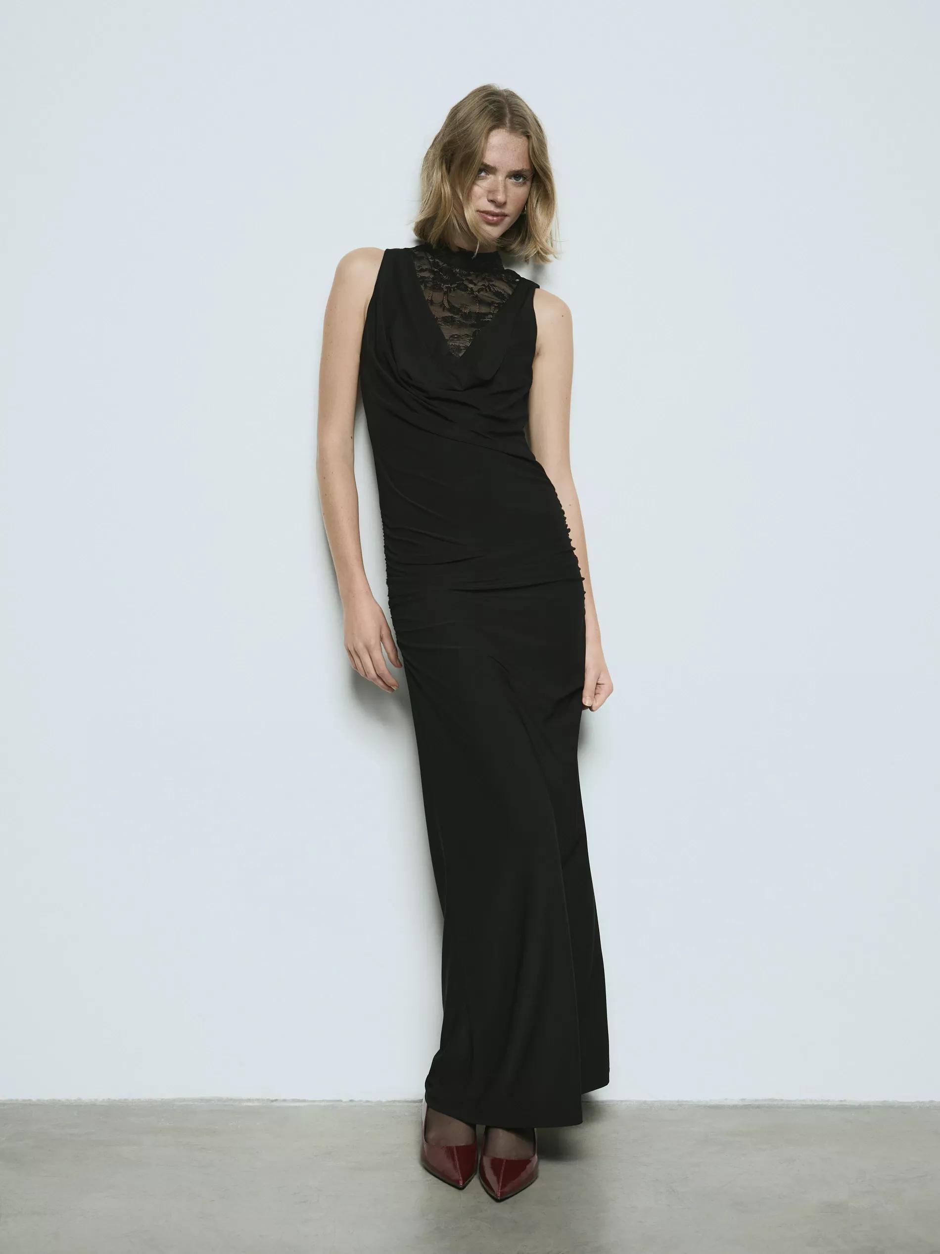 Black Maxi Dress With Lace, Black, large image number 0