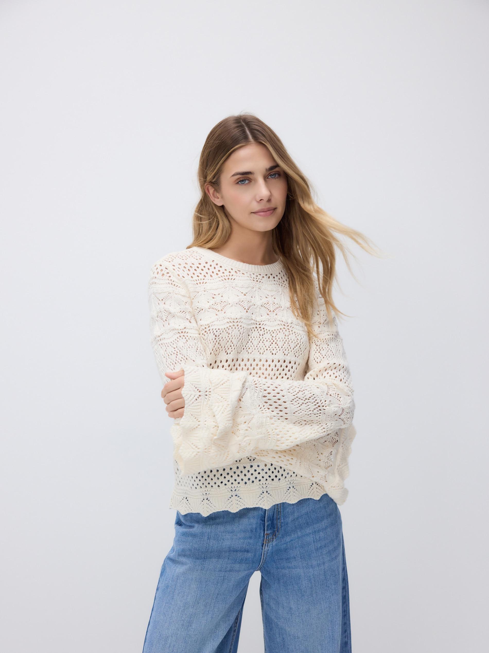 Beige Openwork Jumper With Cotton Blend, Ivory, large image number 2