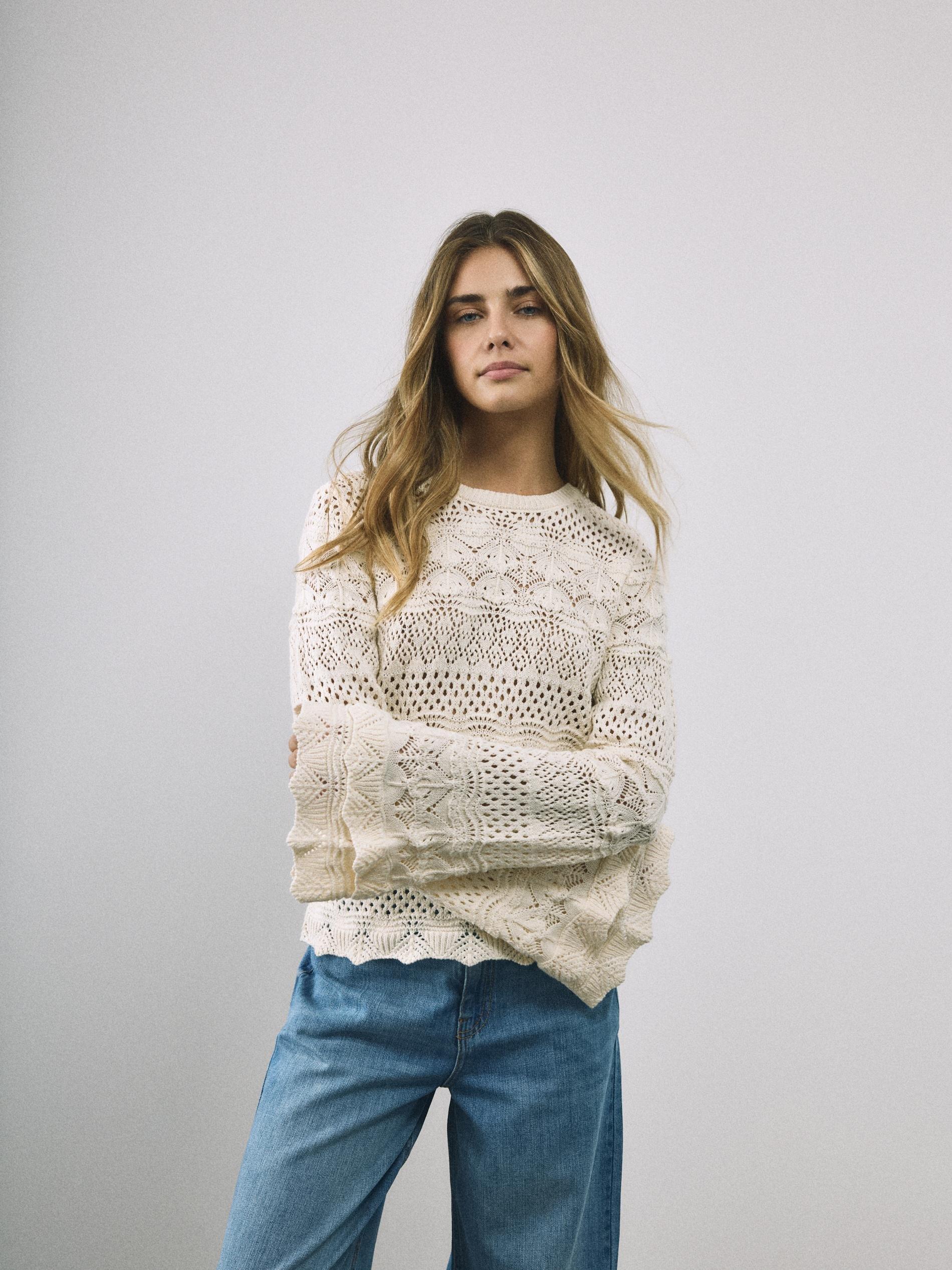 Beige Openwork Jumper With Cotton Blend, Ivory, large image number 6