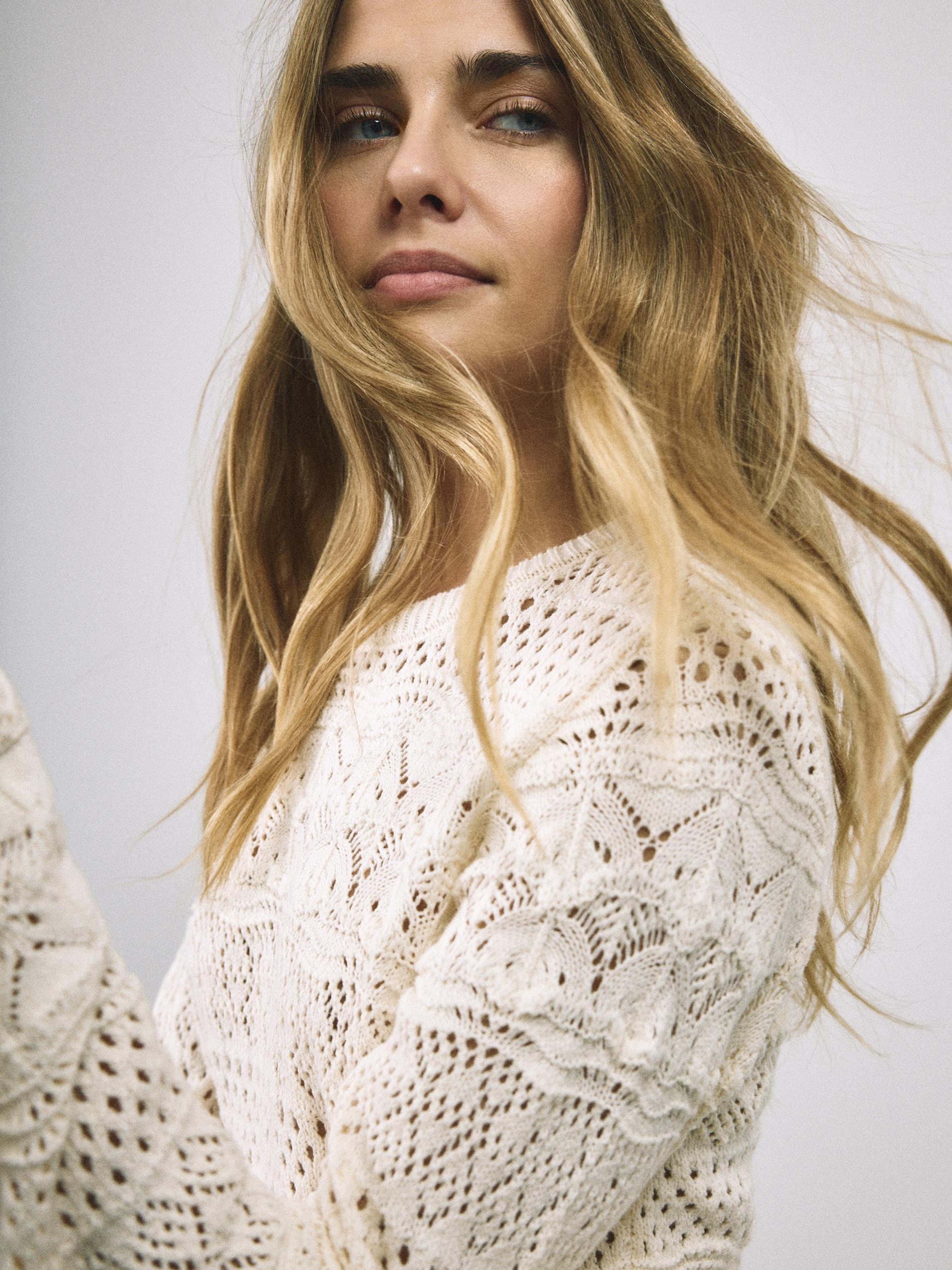 Beige Openwork Jumper With Cotton Blend, Ivory, large image number 7
