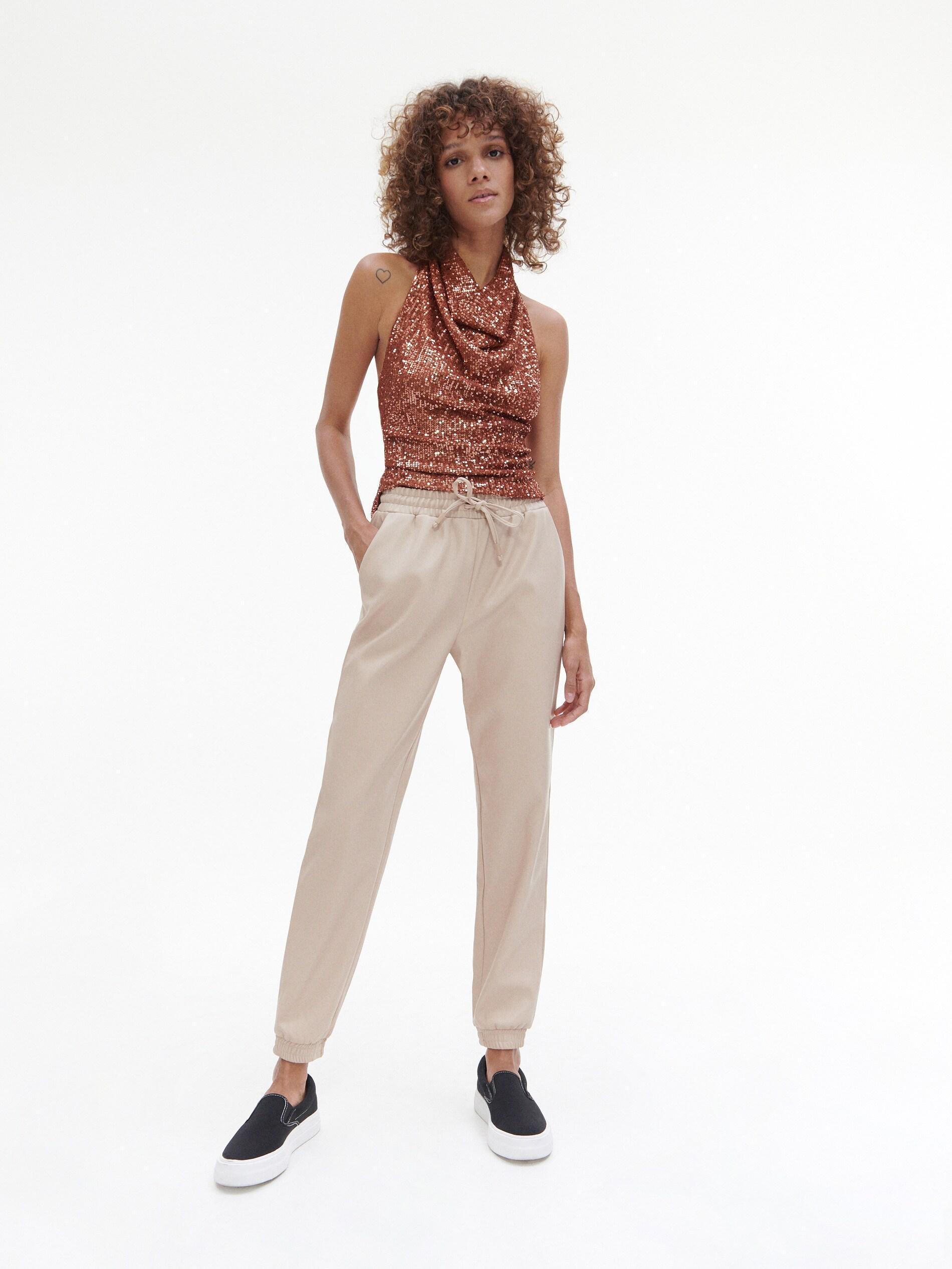 Beige Faux Leather Joggers, , large image number 0