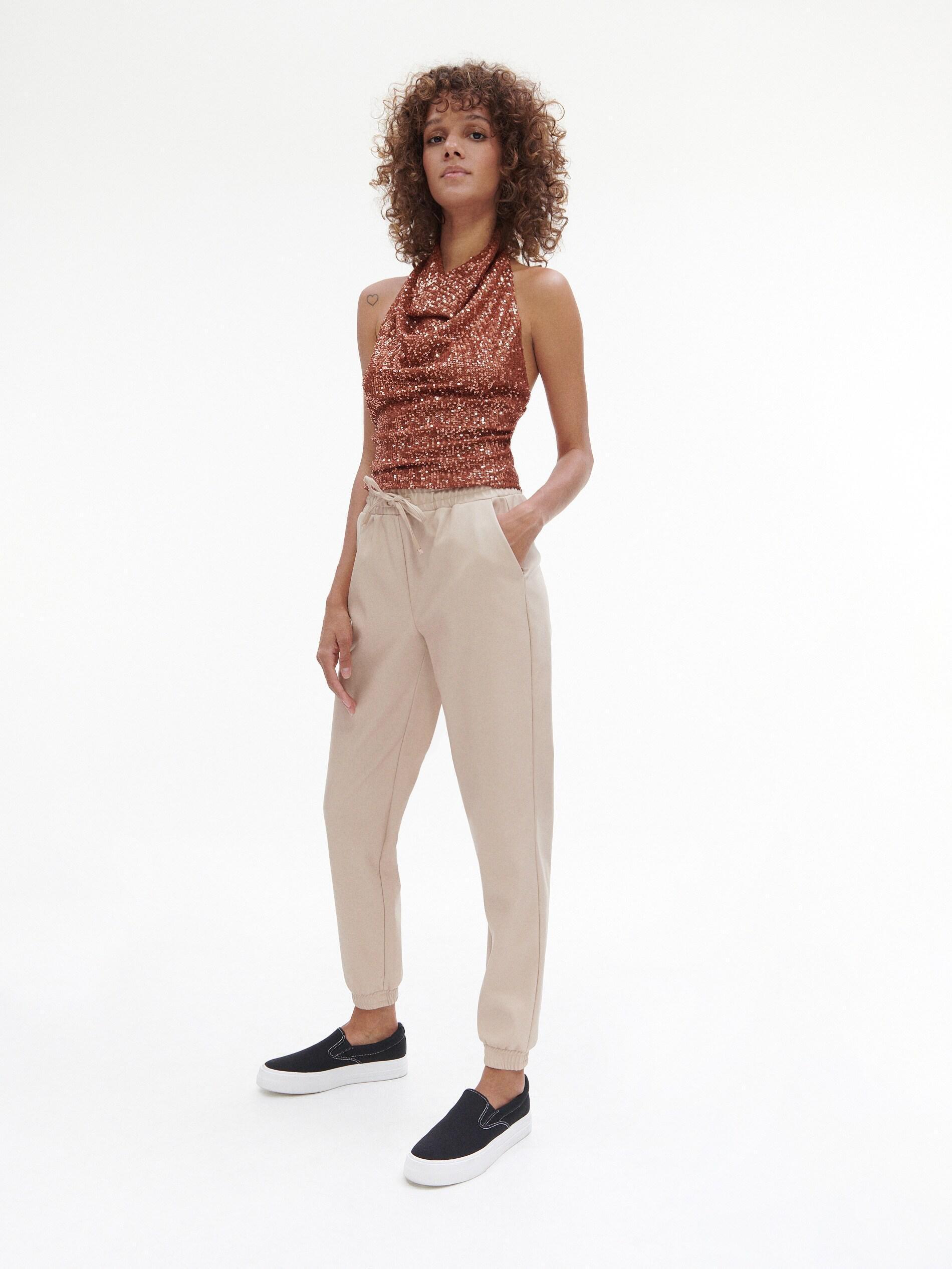 Beige Faux Leather Joggers, , large image number 1