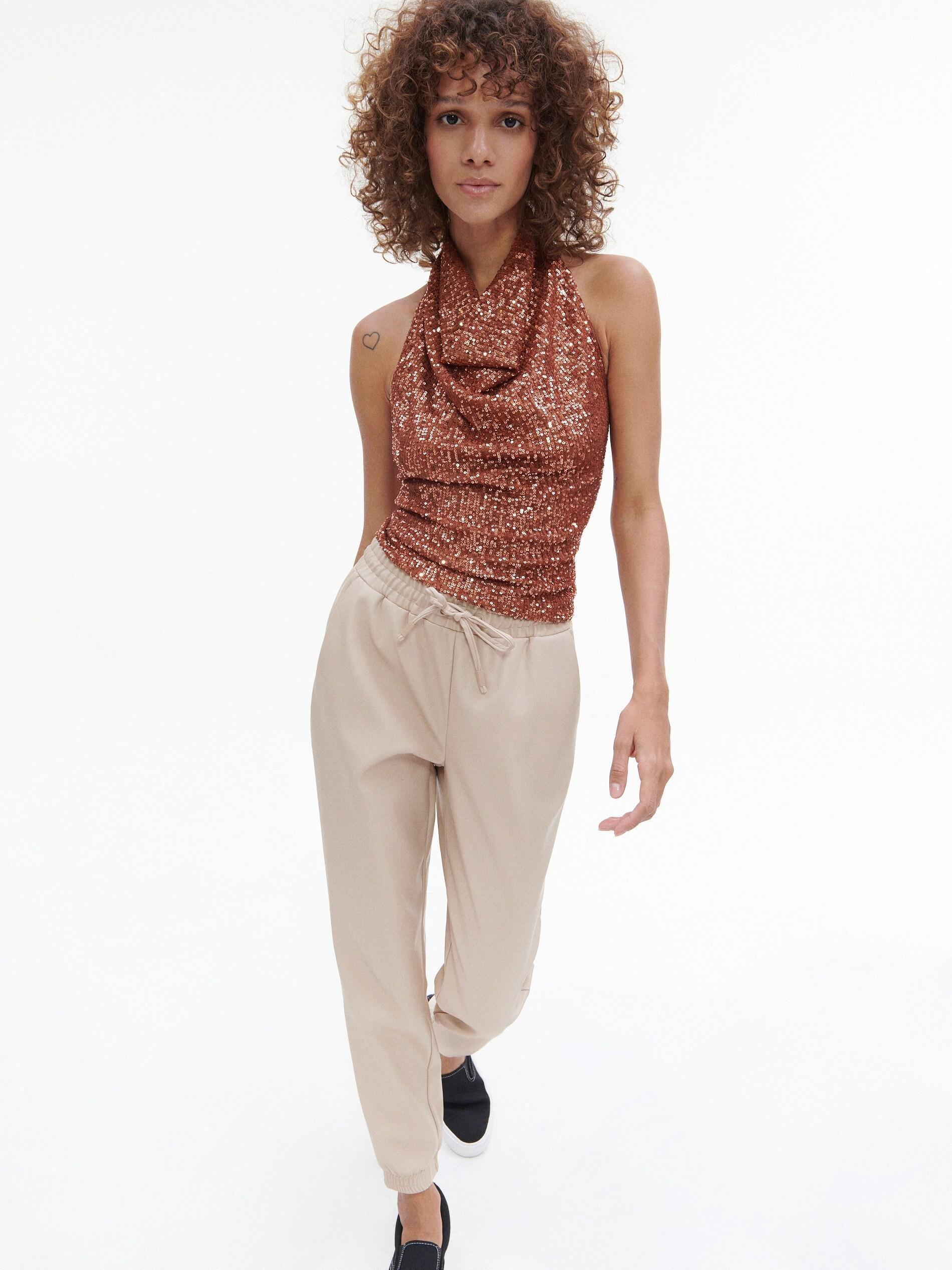 Beige Faux Leather Joggers, , large image number 3