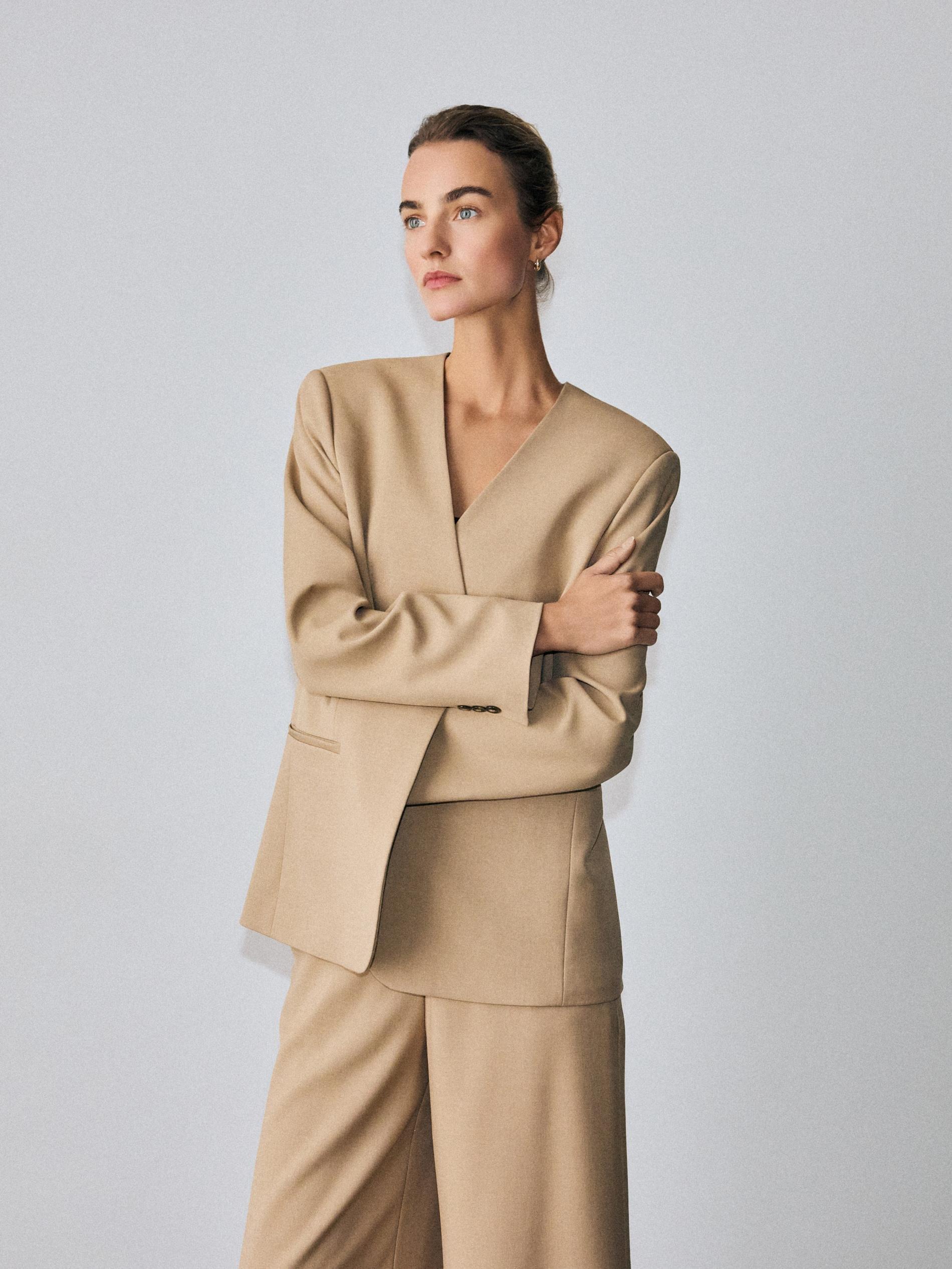 Beige Plain Blazer, Beige, medium
