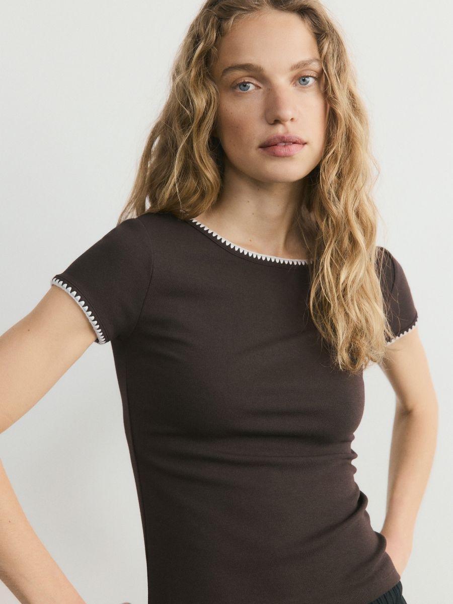 Brown Blouse With Contrasting Hem, Brown, large image number 0