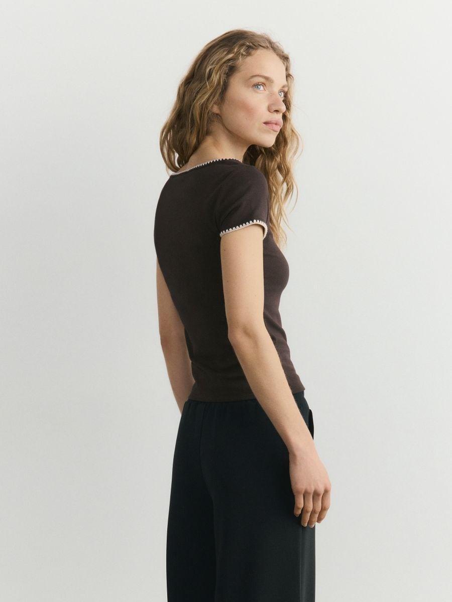 Brown Blouse With Contrasting Hem, Brown, large image number 1