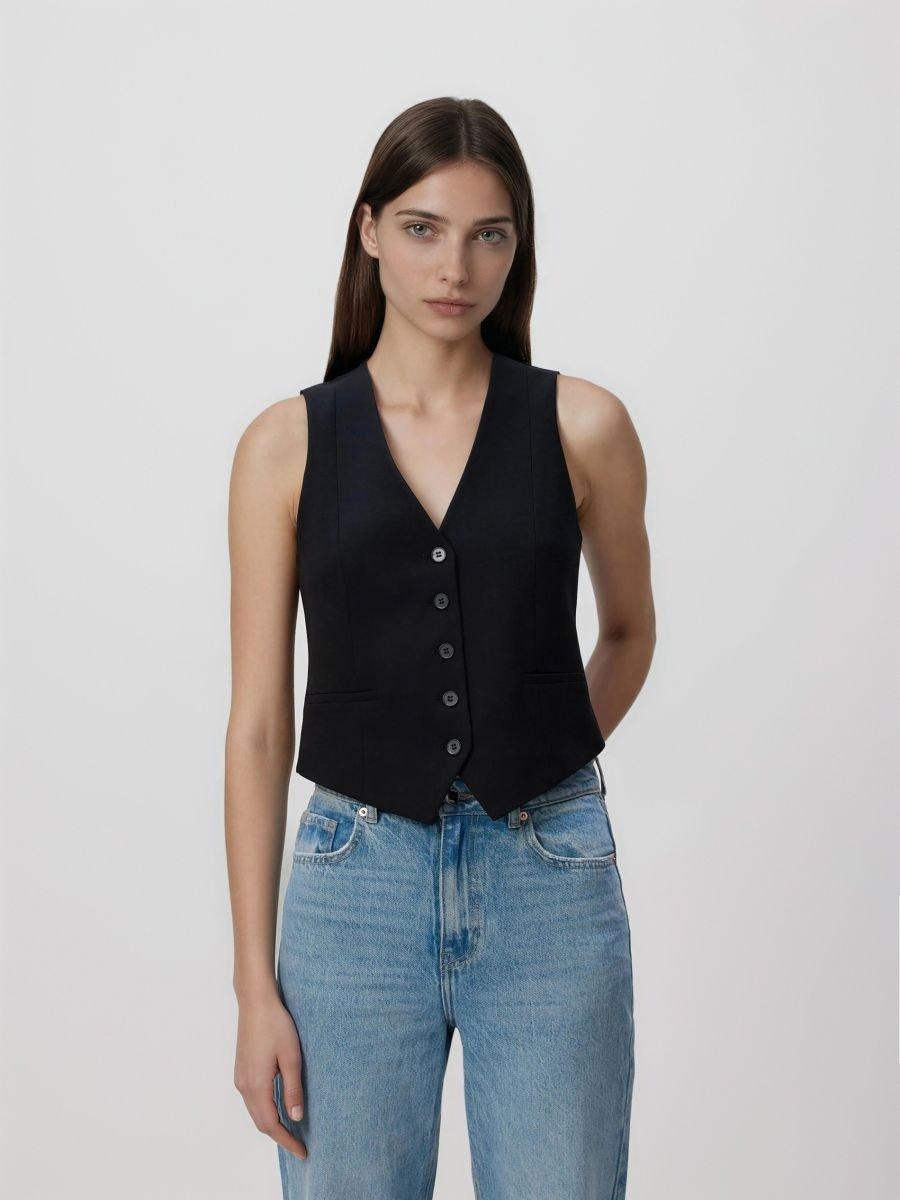 Black Viscose Rich Suit Vest, Black, large image number 0
