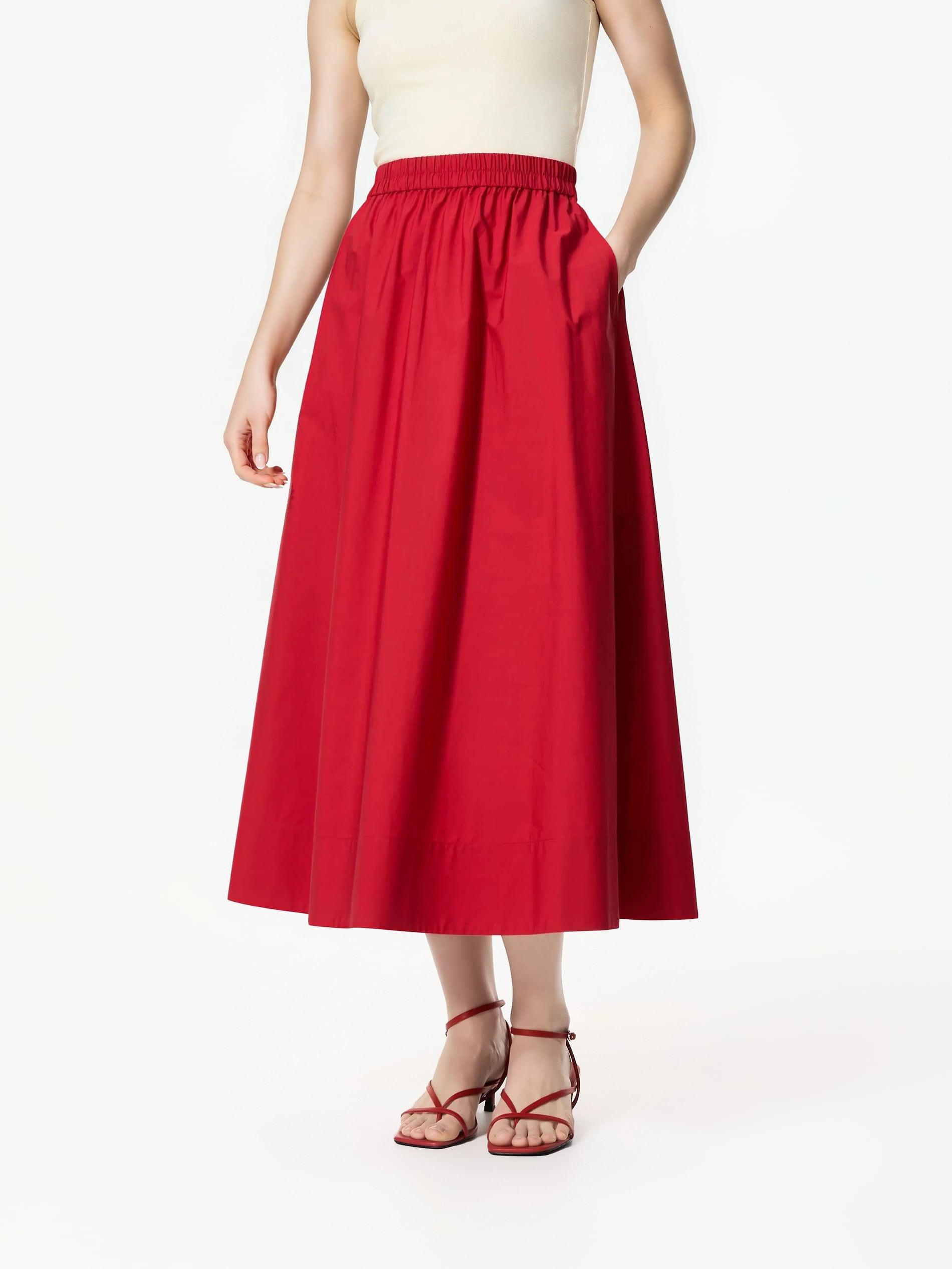 Red Cotton Midi Skirt, Red, large image number 0