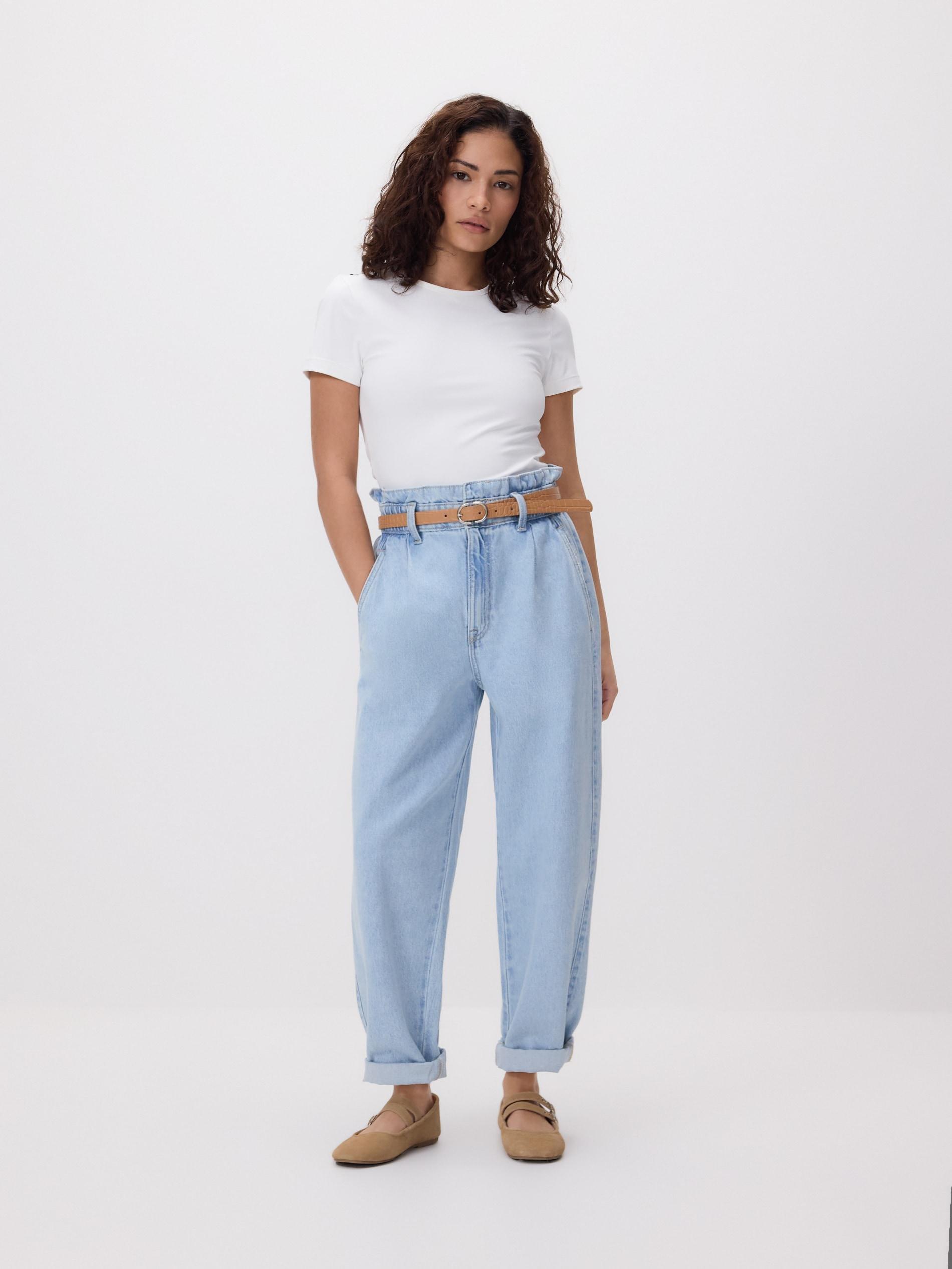 Blue Paperbag Jeans With Belt, Blue, large image number 3