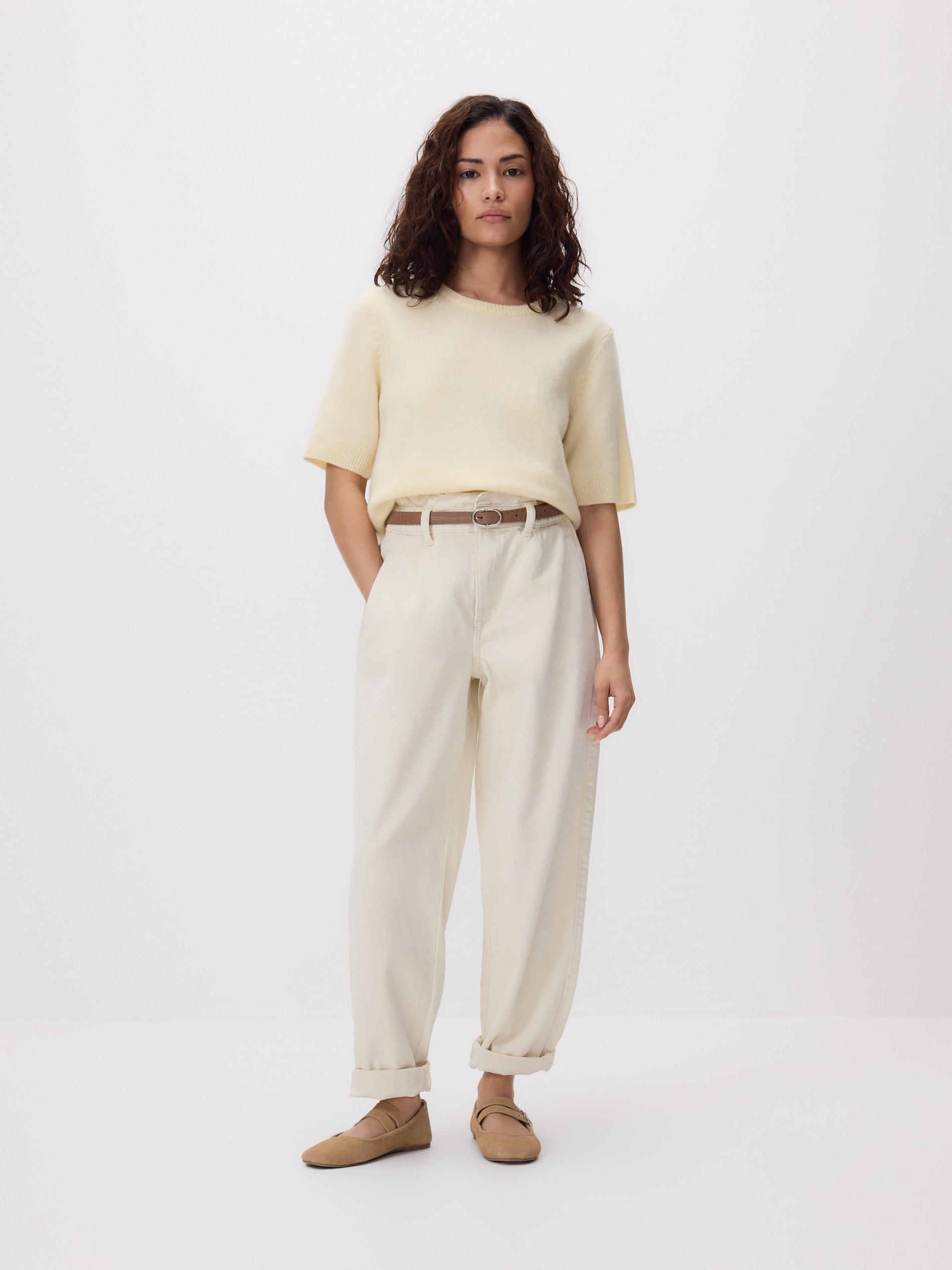 Beige Paperbag Jeans With Belt, Beige, medium