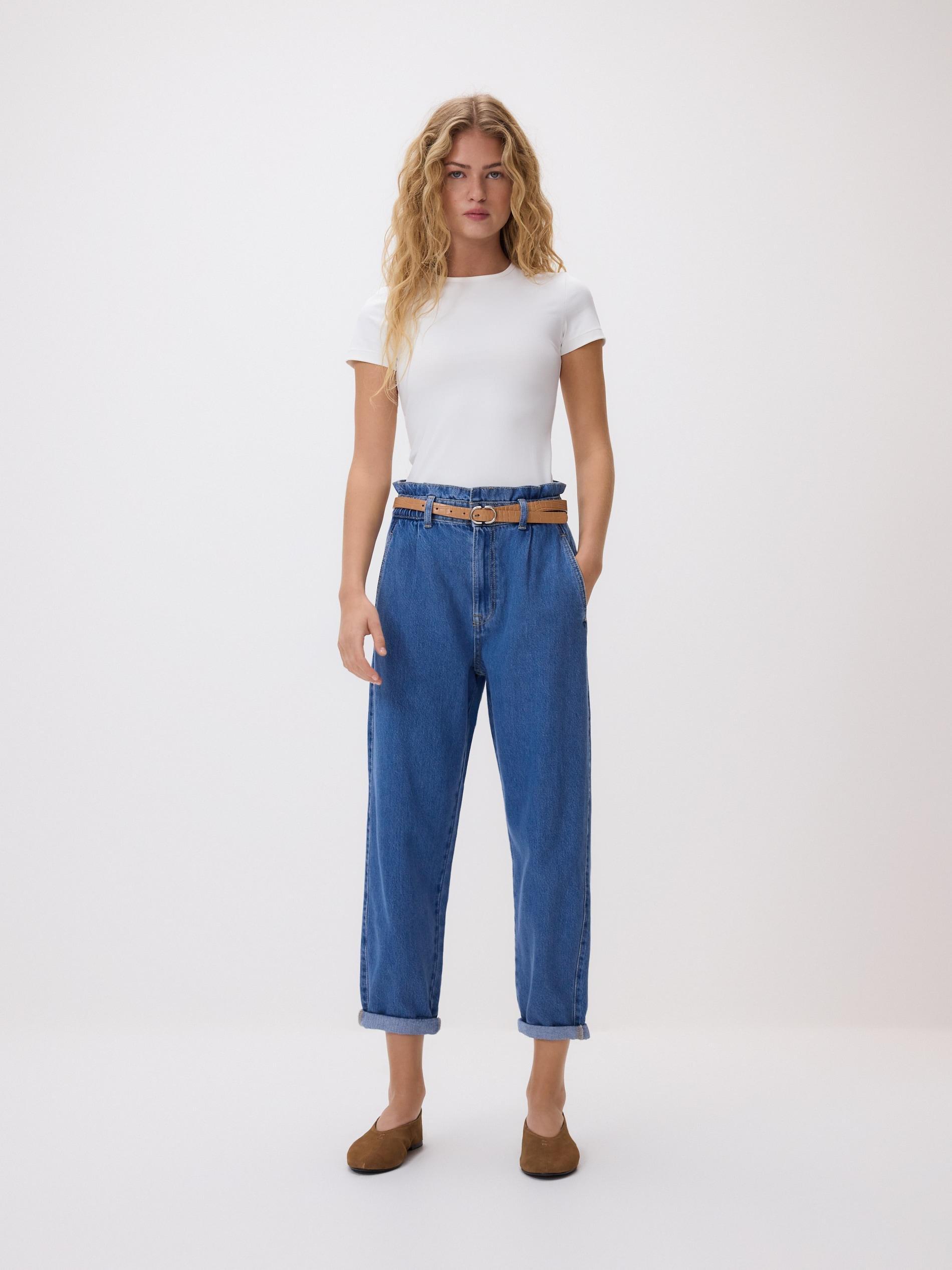 Blue Paperbag Jeans With Belt, Blue, large image number 1