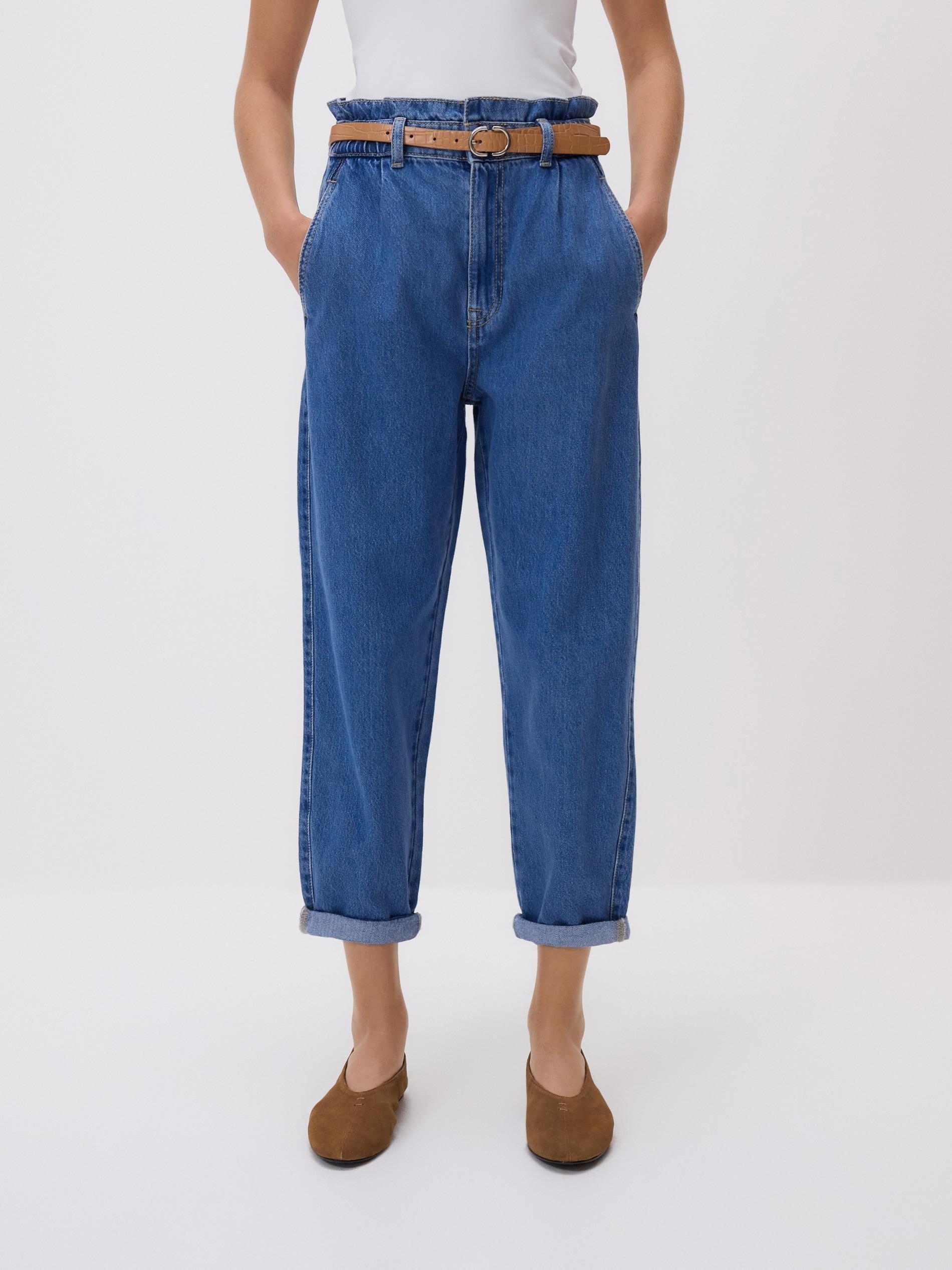 Blue Paperbag Jeans With Belt, Blue, large image number 4