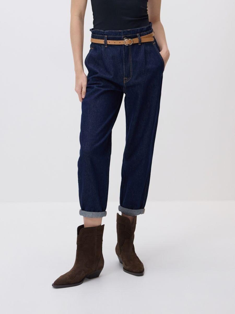 Navy Paperbag Jeans With Belt, Blue, medium