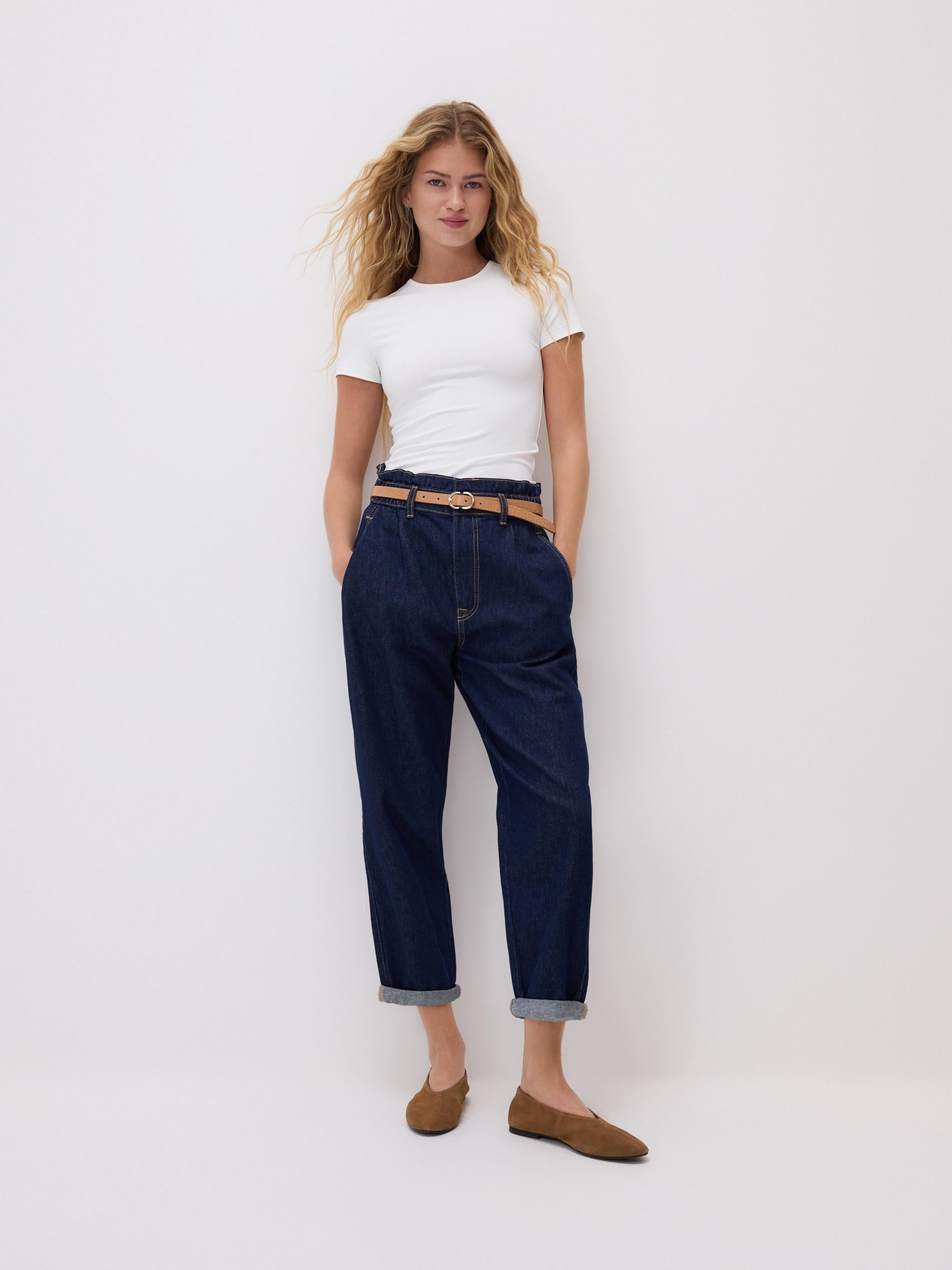 Navy Paperbag Jeans With Belt, Blue, large image number 4