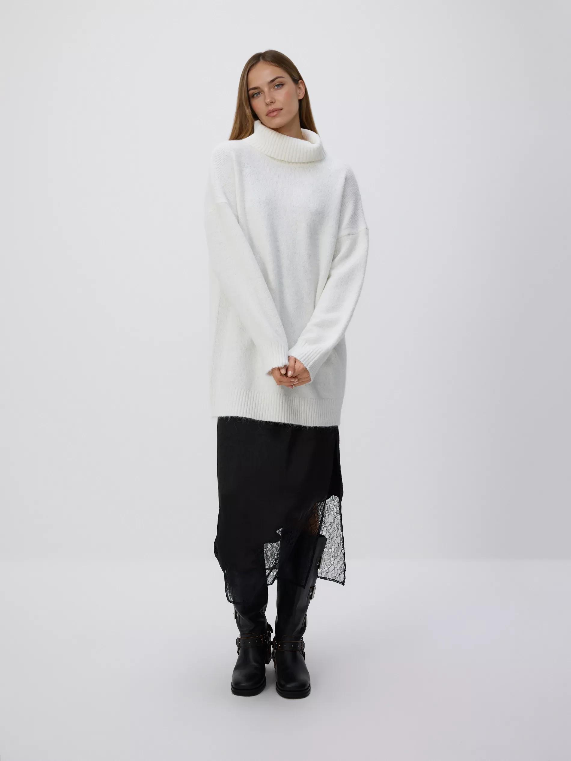 Cream Long Sweater With Turtleneck, Ivory, medium