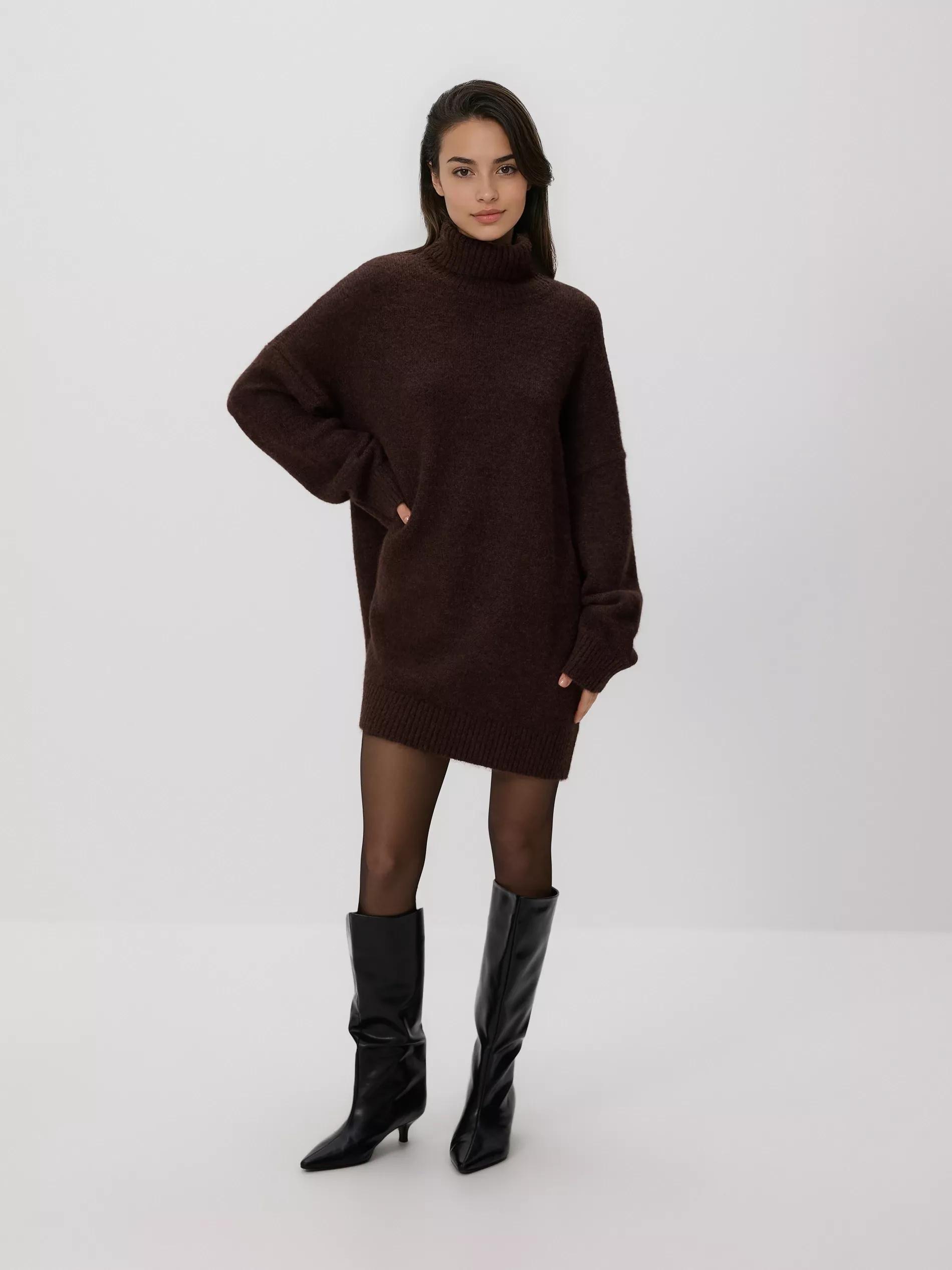 Brown Long Sweater With Turtleneck, Brown, large image number 1