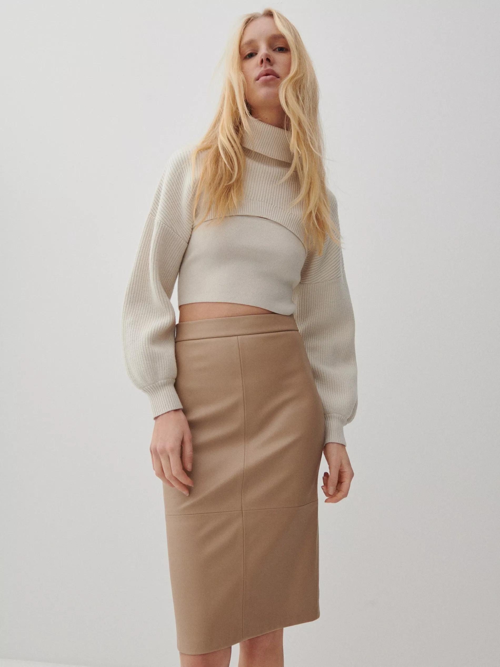 Sand Faux Leather Midi Skirt, , large image number 1