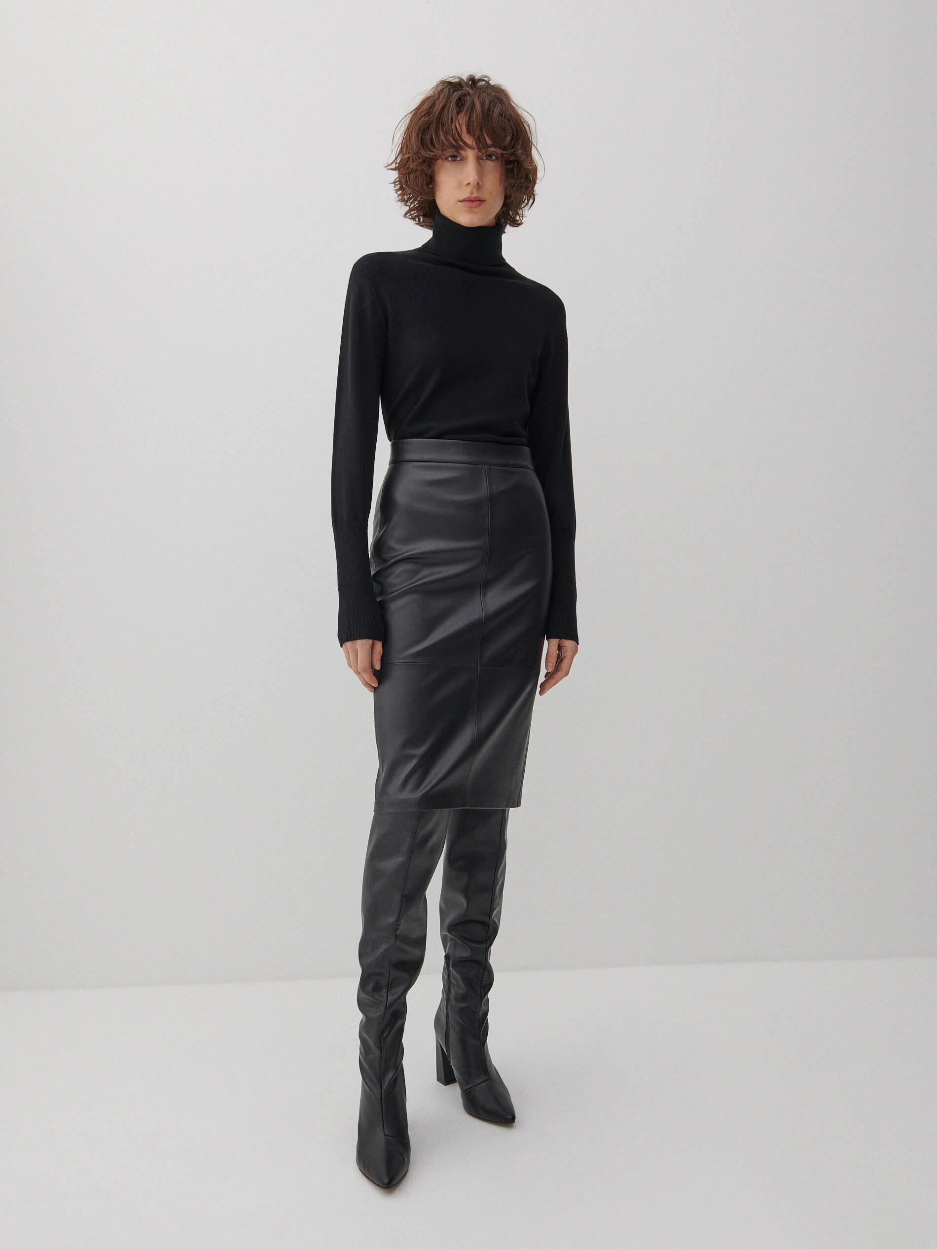 Black Faux Leather Midi Skirt, , large image number 0