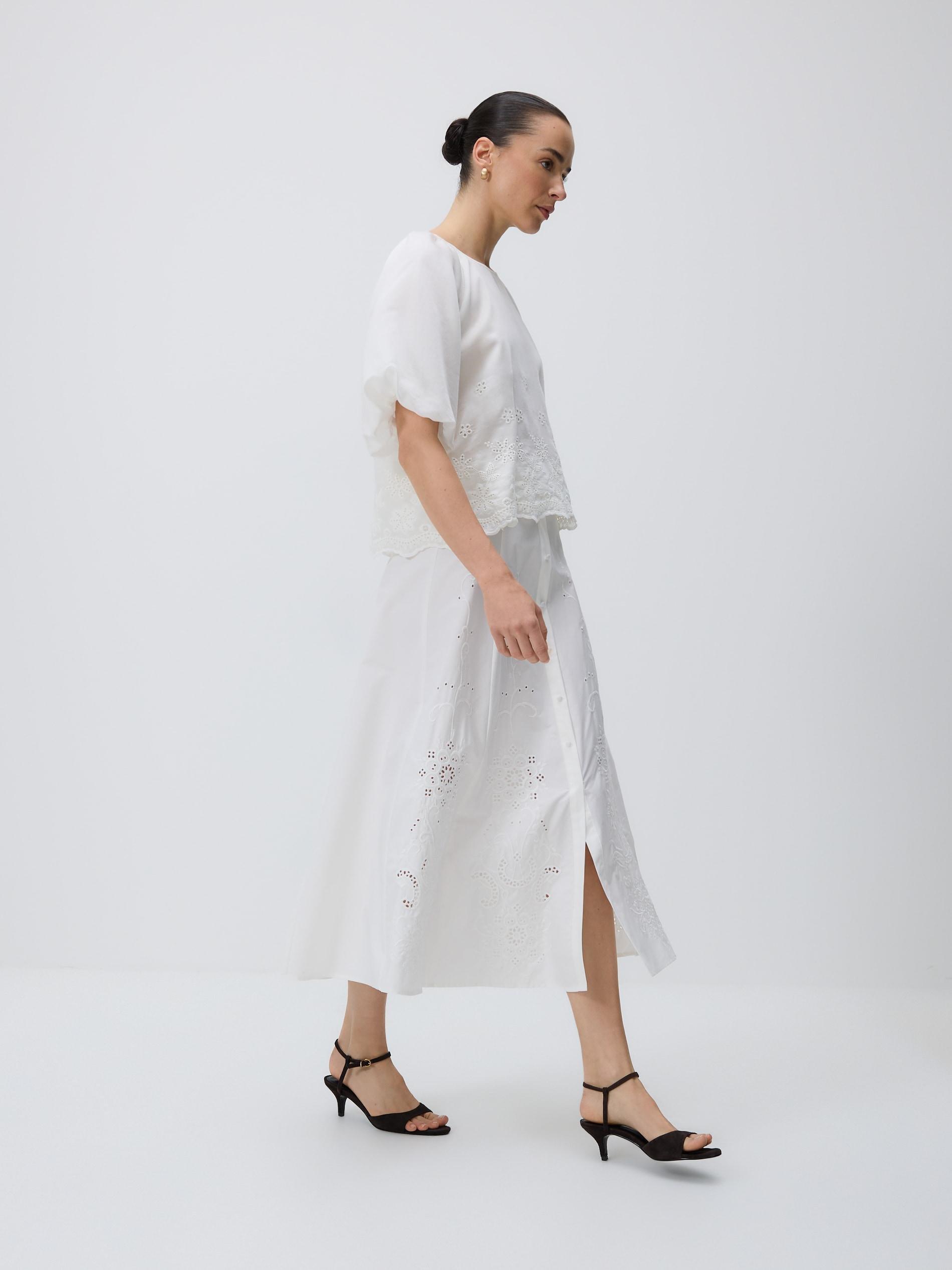 White Midi Skirt With Embroidery, White, large image number 0