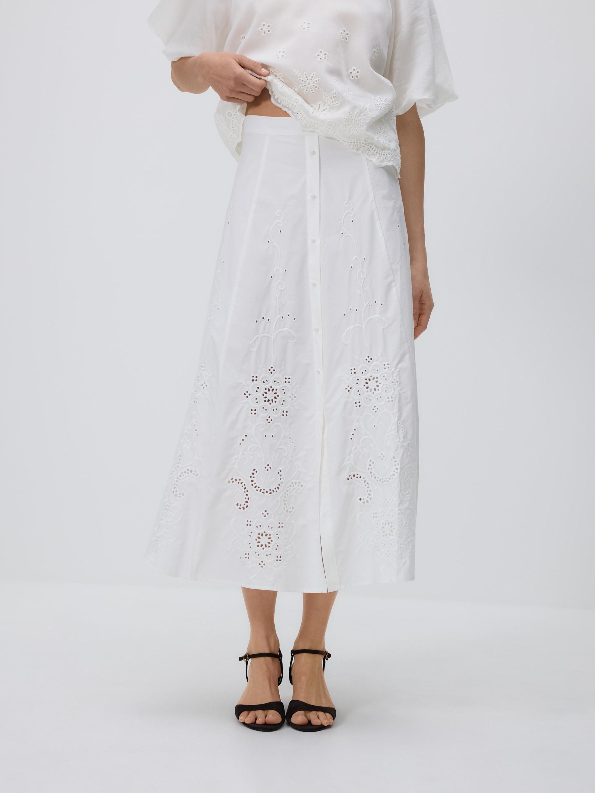 White Midi Skirt With Embroidery, White, large image number 1