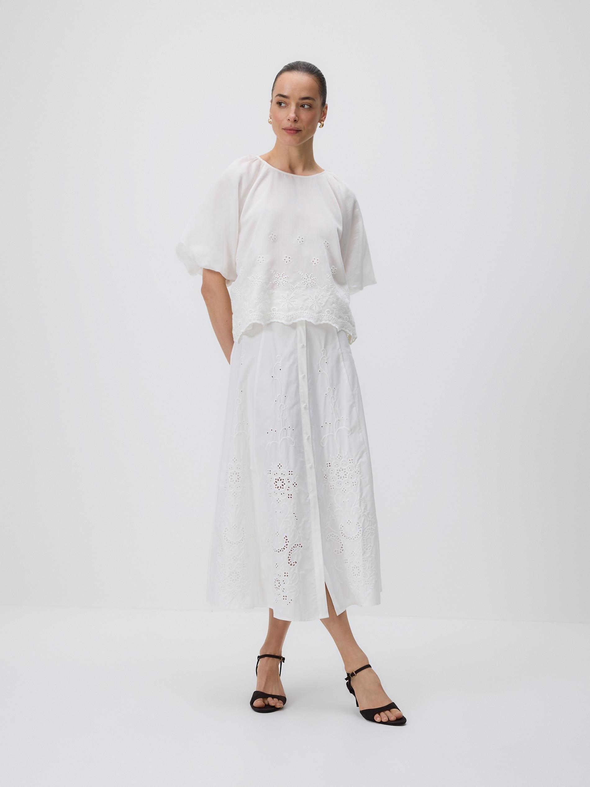 White Midi Skirt With Embroidery, White, large image number 2