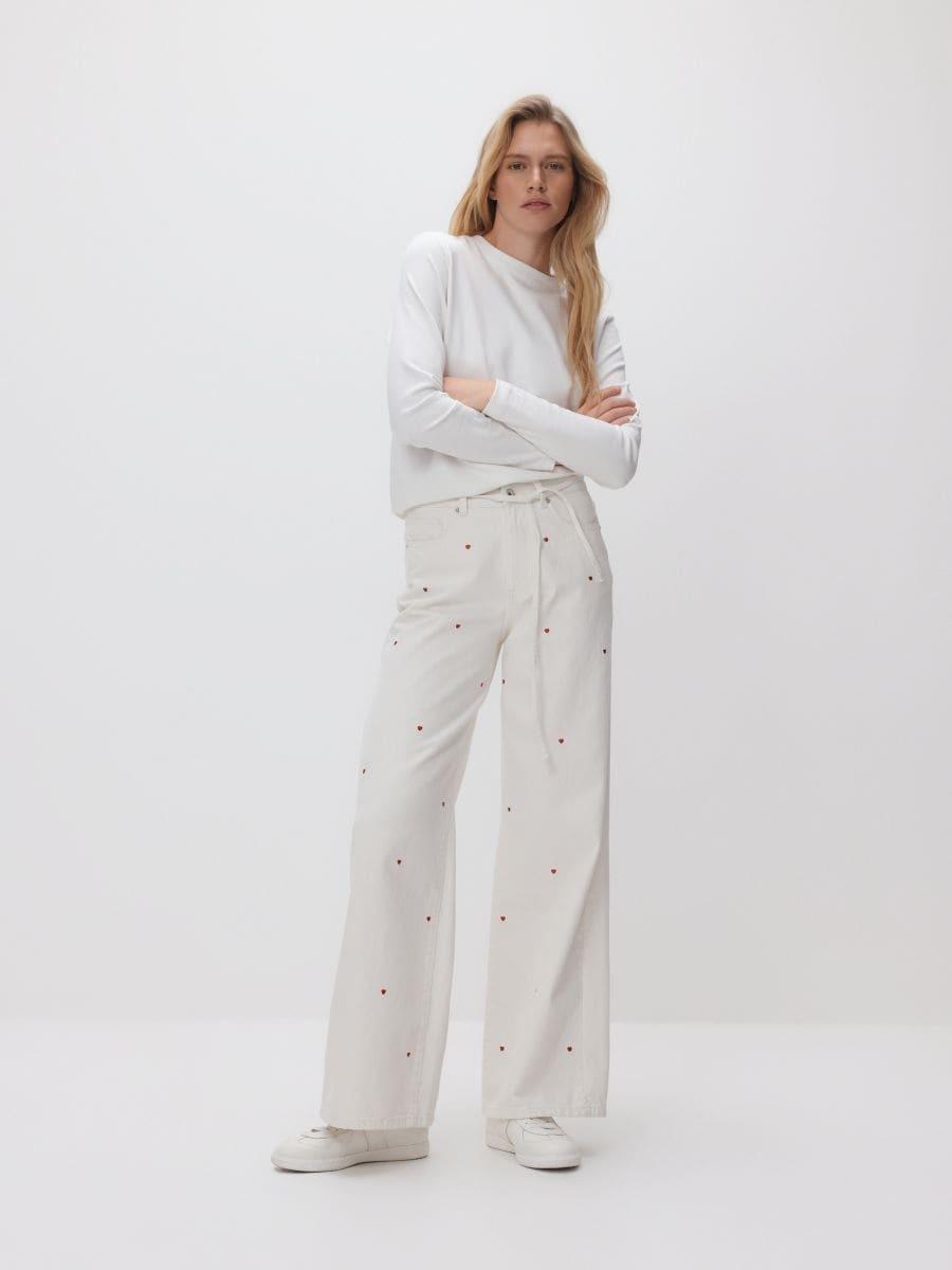 جينز أبيض واسع الساق بتفاصيل تطريز, White, medium