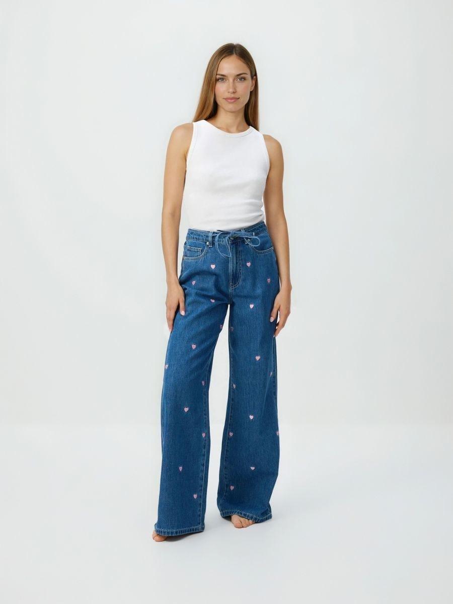 Blue Wide-leg jeans with embroidered detail, Blue, medium