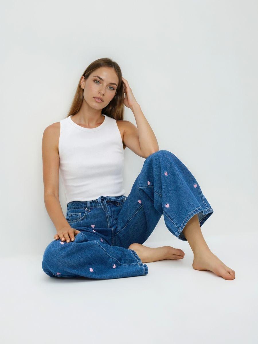 Blue Wide-leg jeans with embroidered detail, Blue, medium