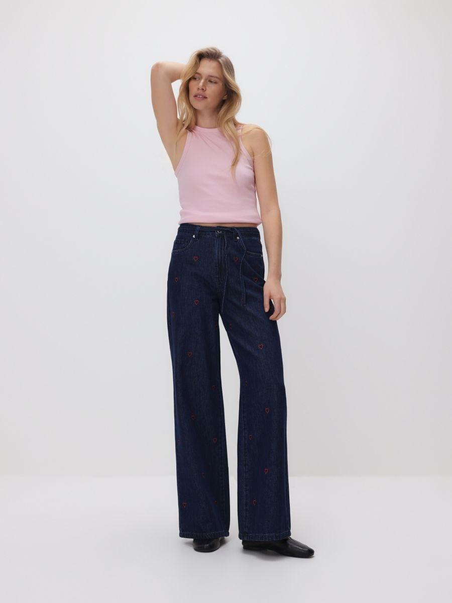 Navy Wide-leg jeans with embroidered detail, Navy, medium
