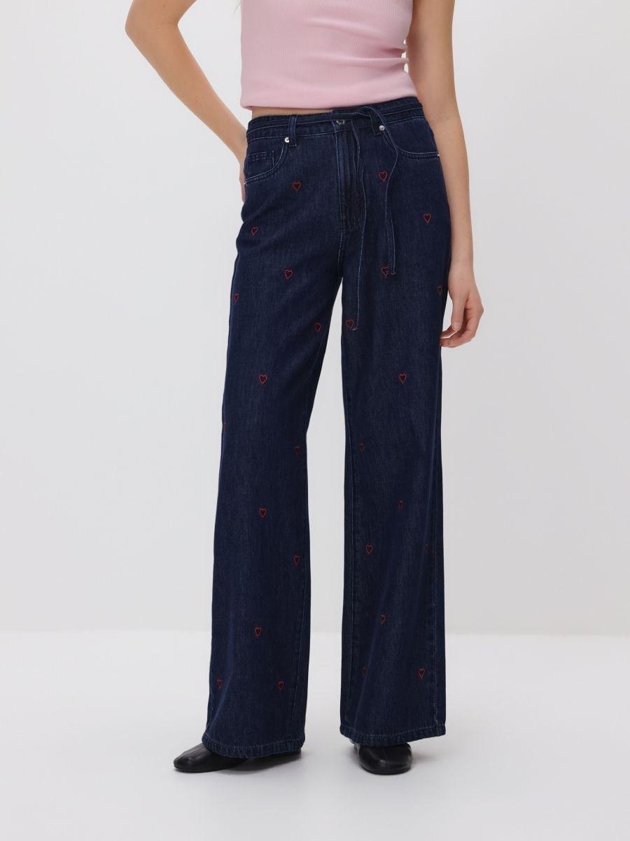 Navy Wide-leg jeans with embroidered detail, Navy, medium