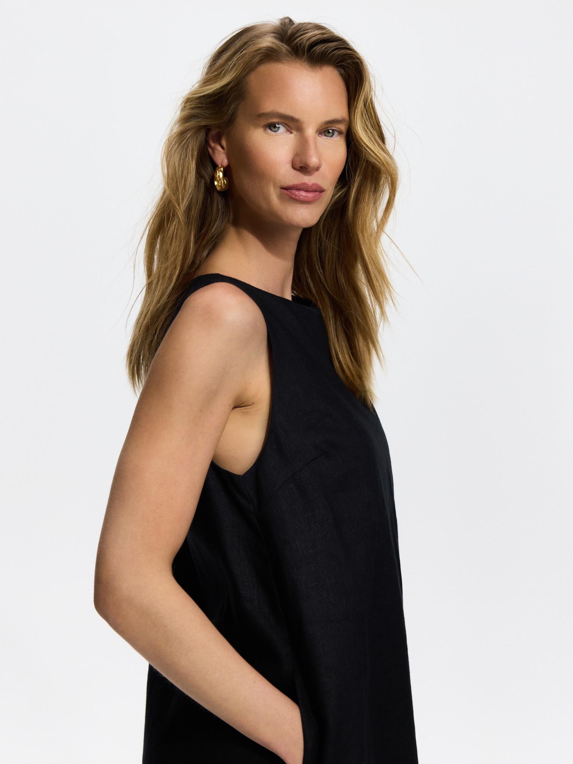 Black Mini Linen Dress, Black, medium