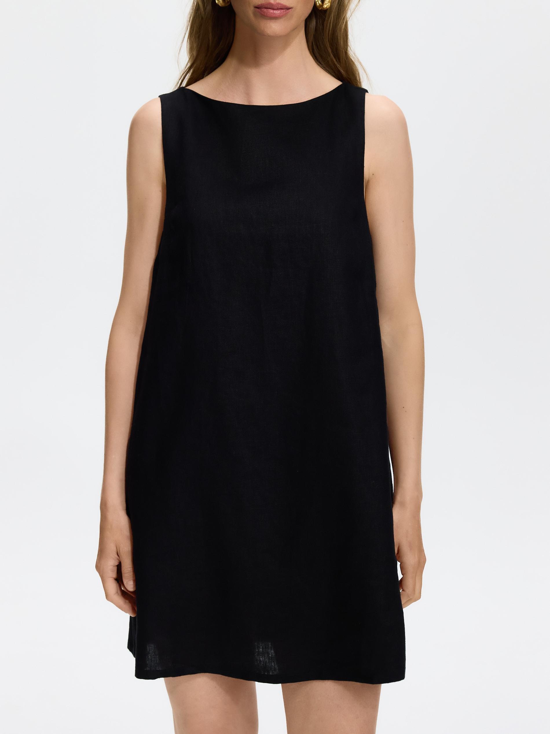 Black Mini Linen Dress, Black, large image number 1