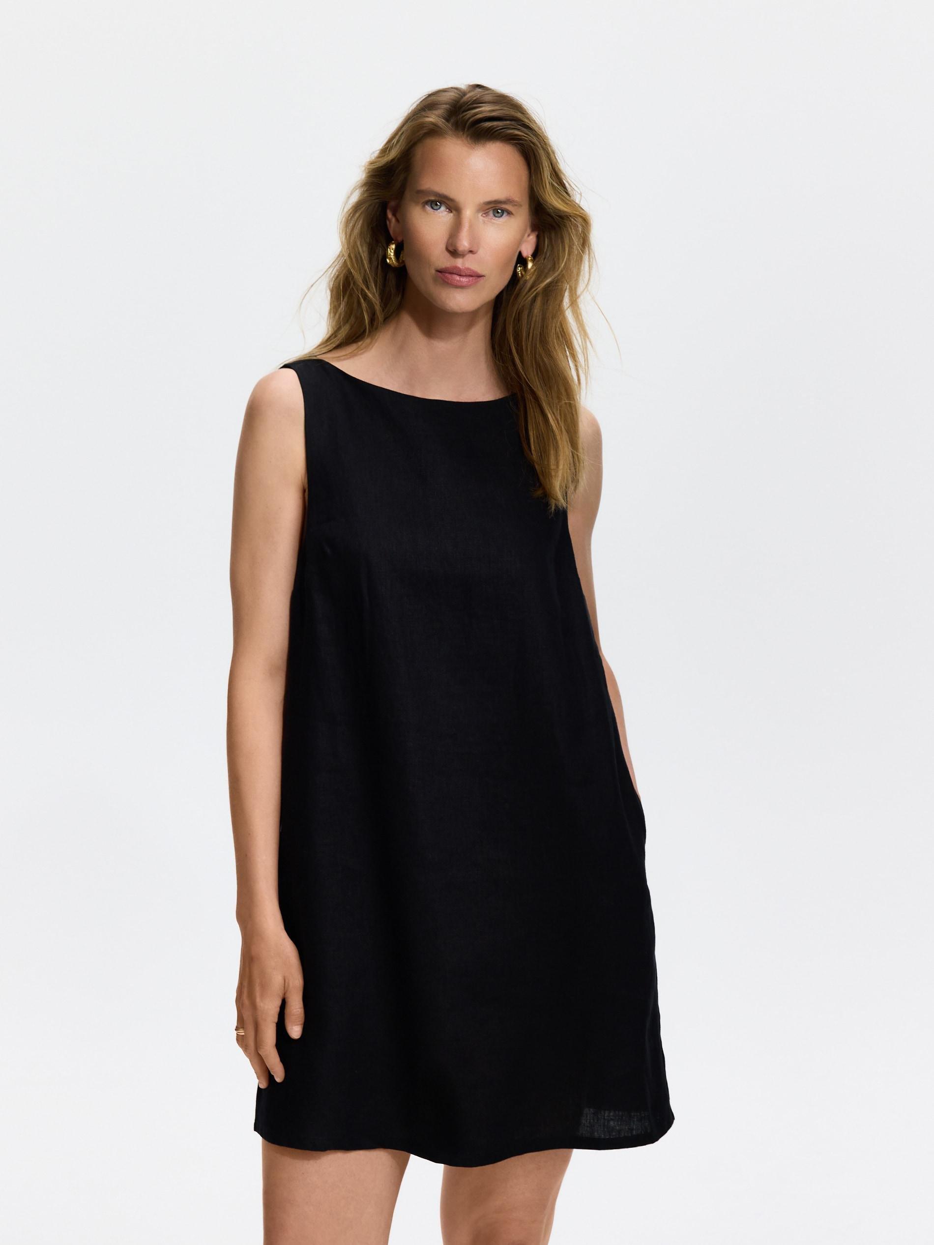 Black Mini Linen Dress, Black, large image number 2