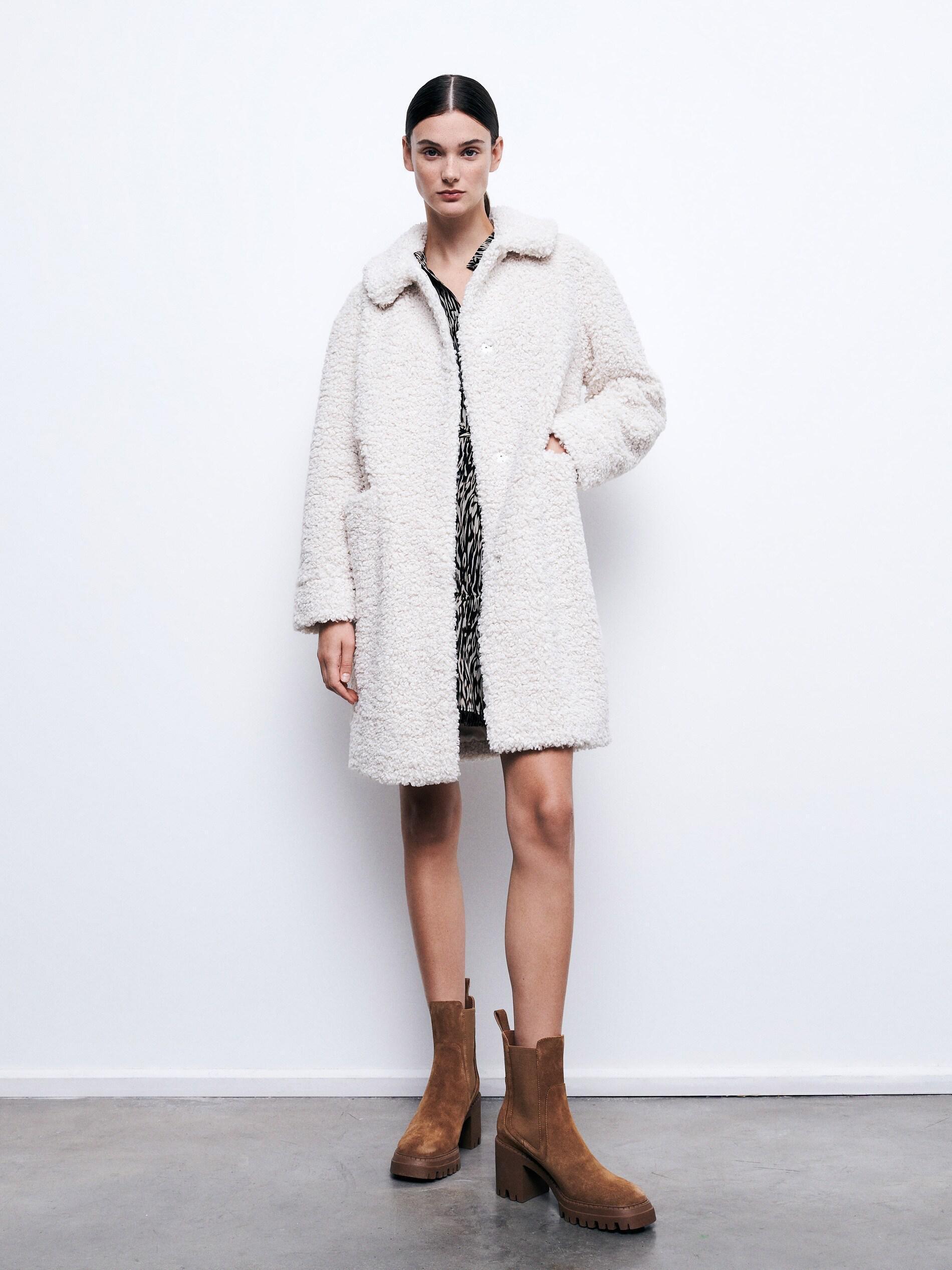 Cream Faux Shearling Coat, , large image number 0