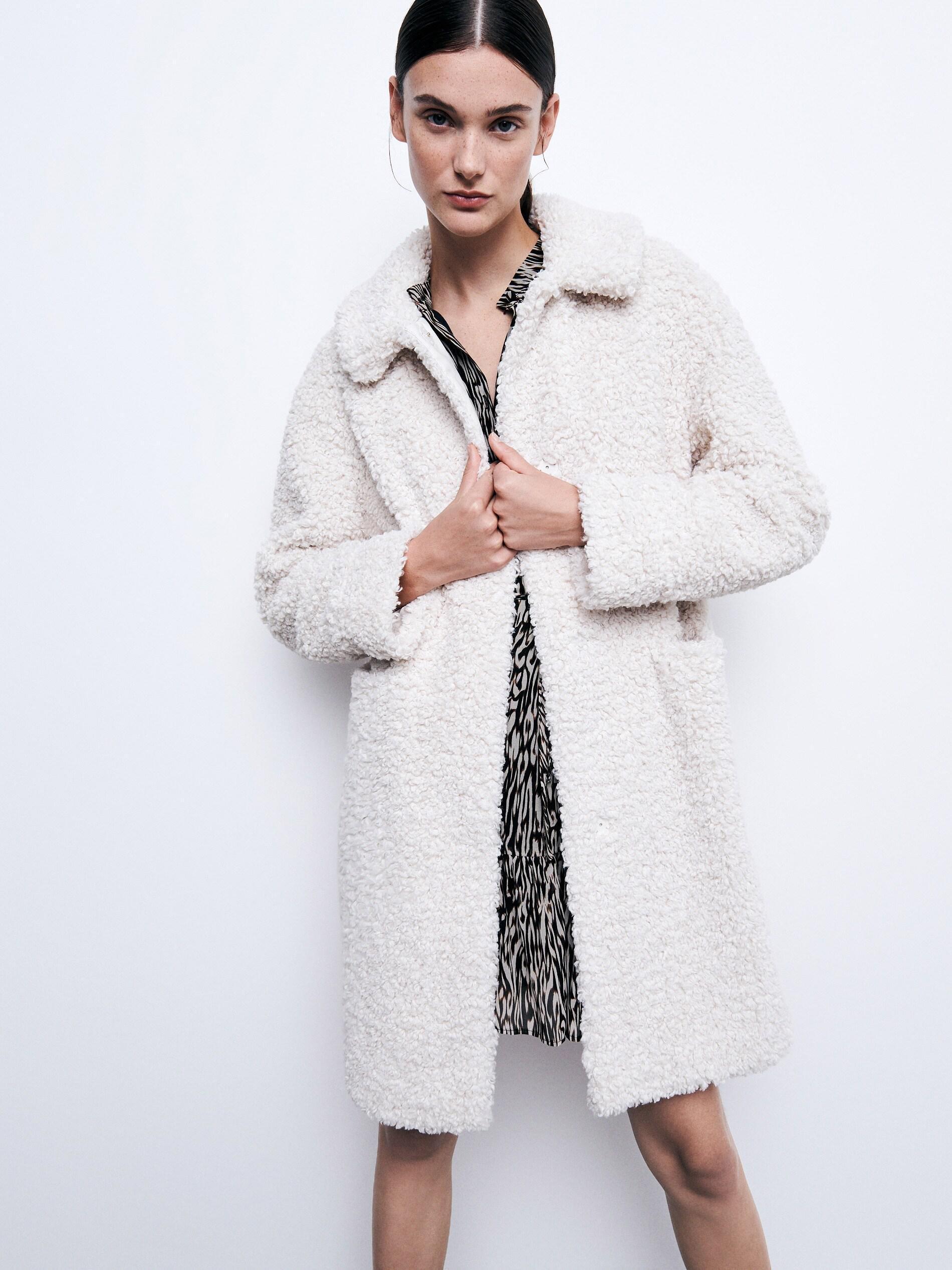 Cream Faux Shearling Coat, , large image number 1