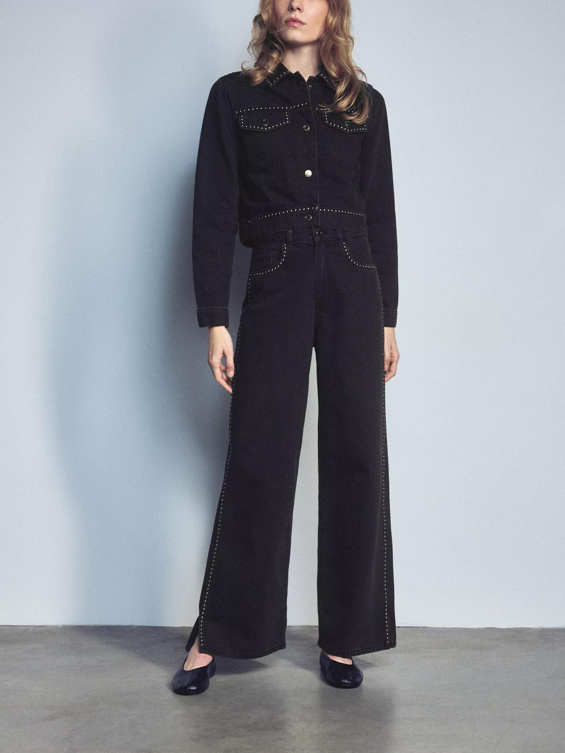 Black Wide-Leg Jeans With Appliques, Black, large image number 2