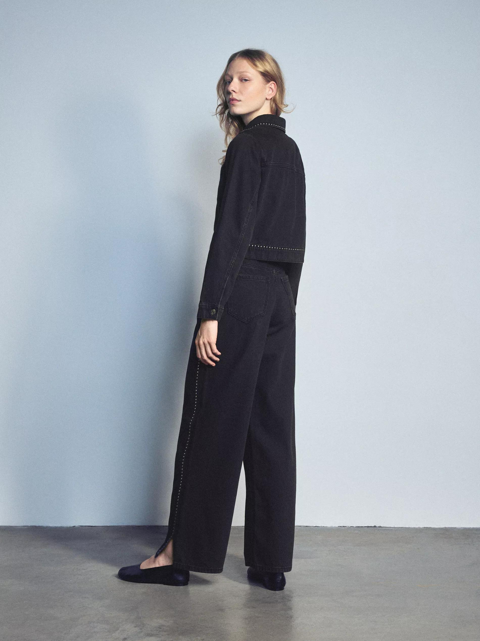 Black Wide-Leg Jeans With Appliques, Black, large image number 3