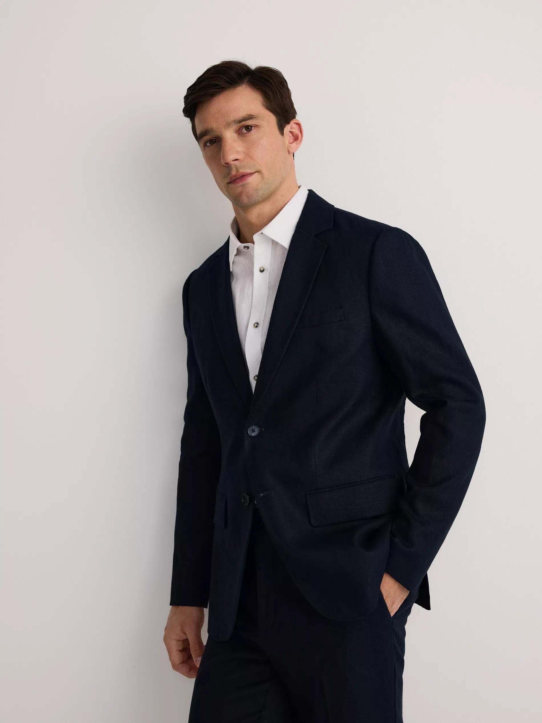 Navy Regular Fit Linen Blazer, , large image number 0