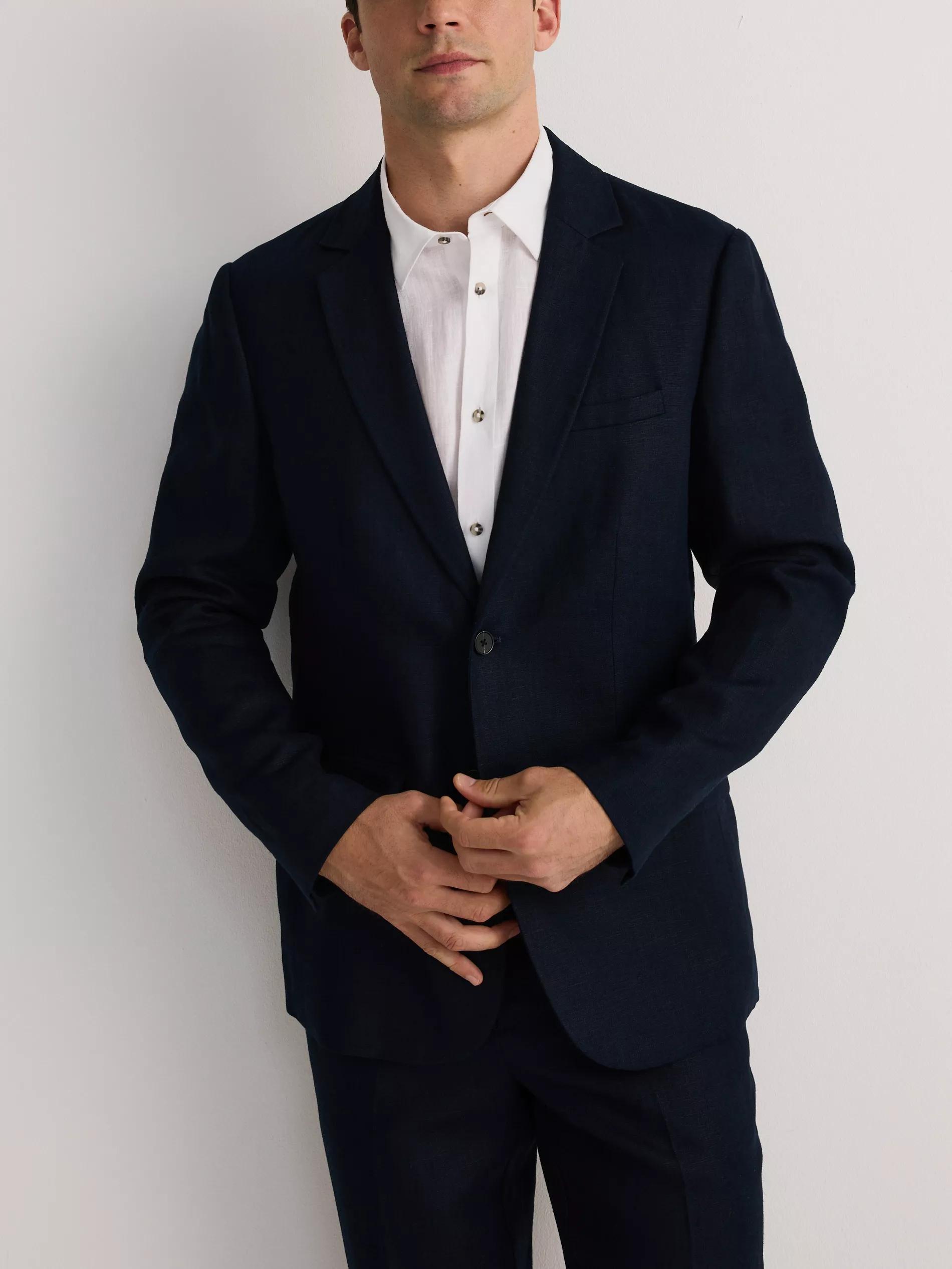 Navy Regular Fit Linen Blazer, , large image number 1