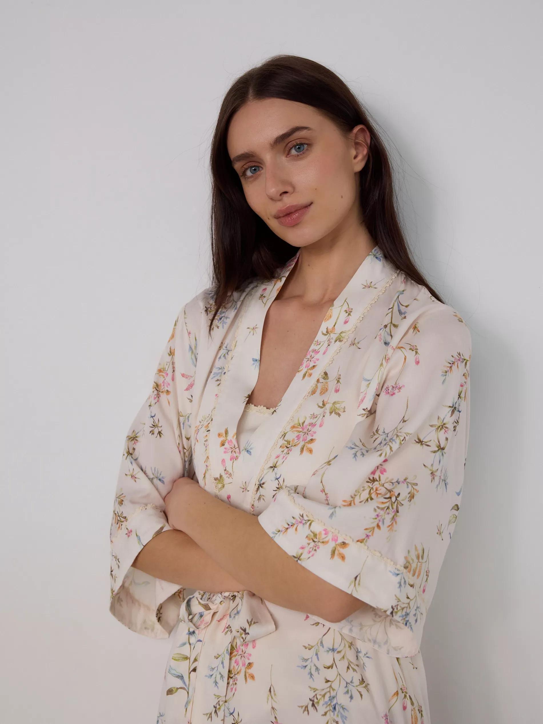 Multicolour Patterned Viscose Bathrobe, Ivory, large image number 2